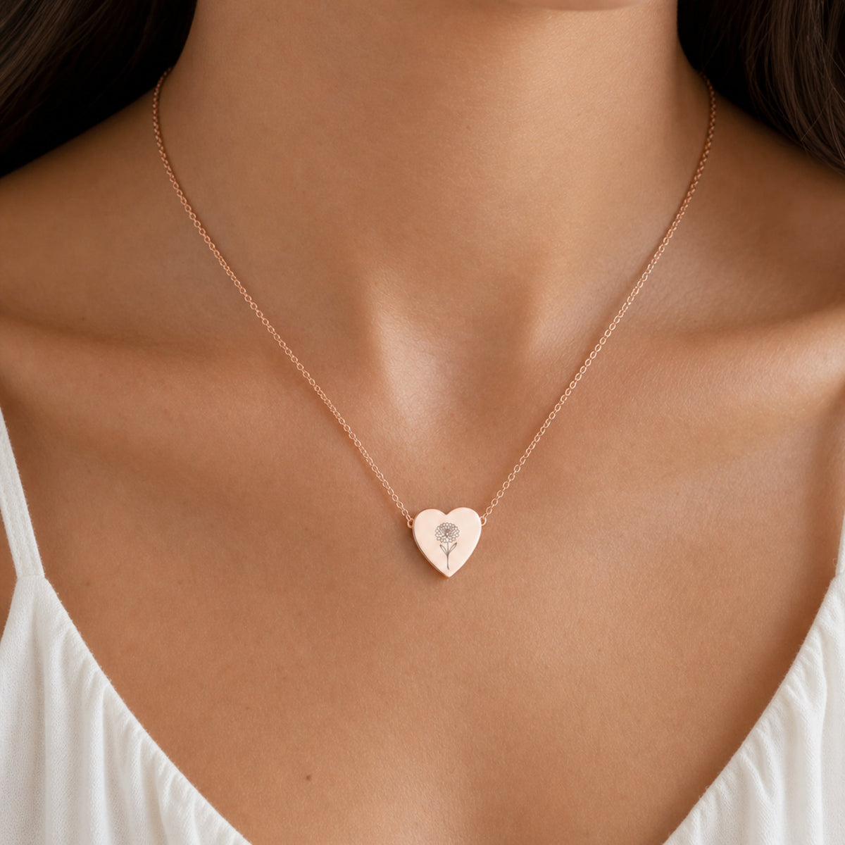 November birth flower necklace with chrysanthemum engraving in 18K Rose Gold PVD, worn on model