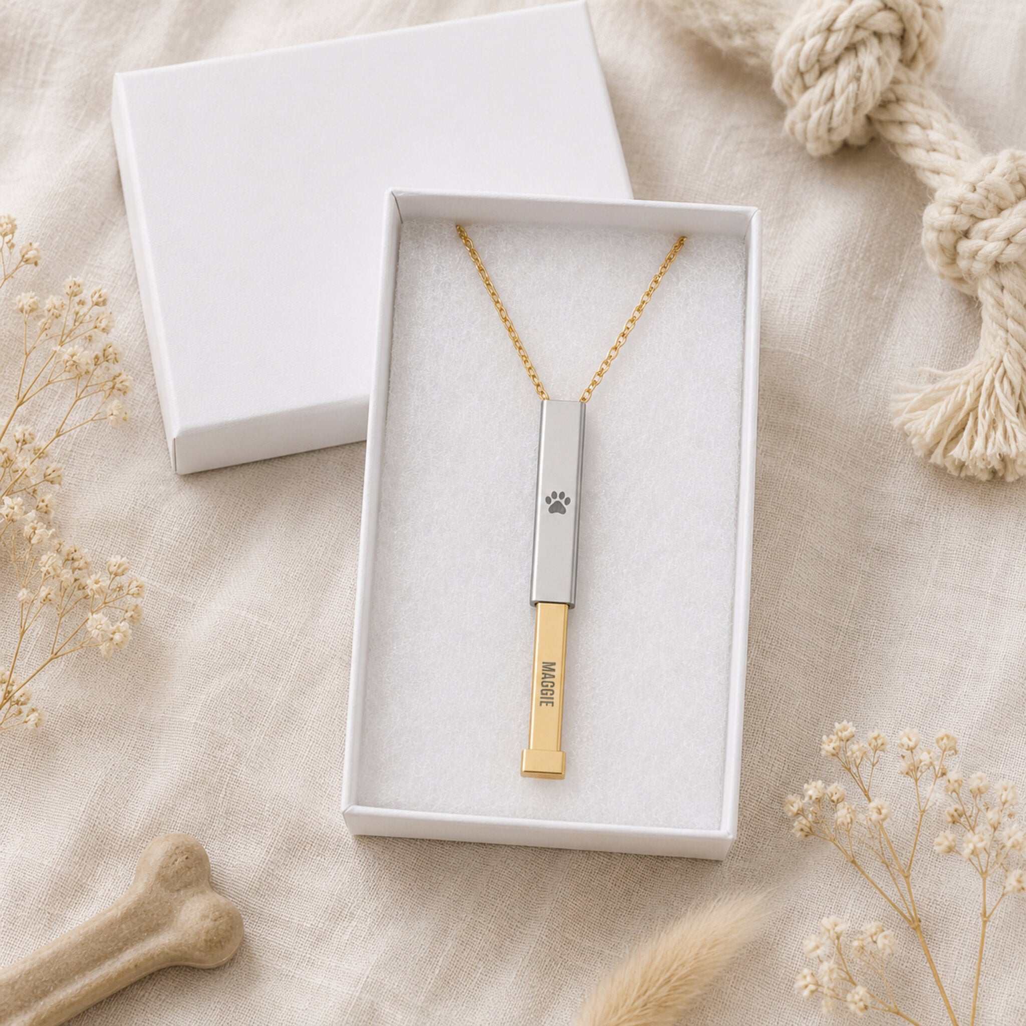 Personalized dog paw hidden-message necklace presented in a white gift box, ready to give as a pet lover or memorial gift