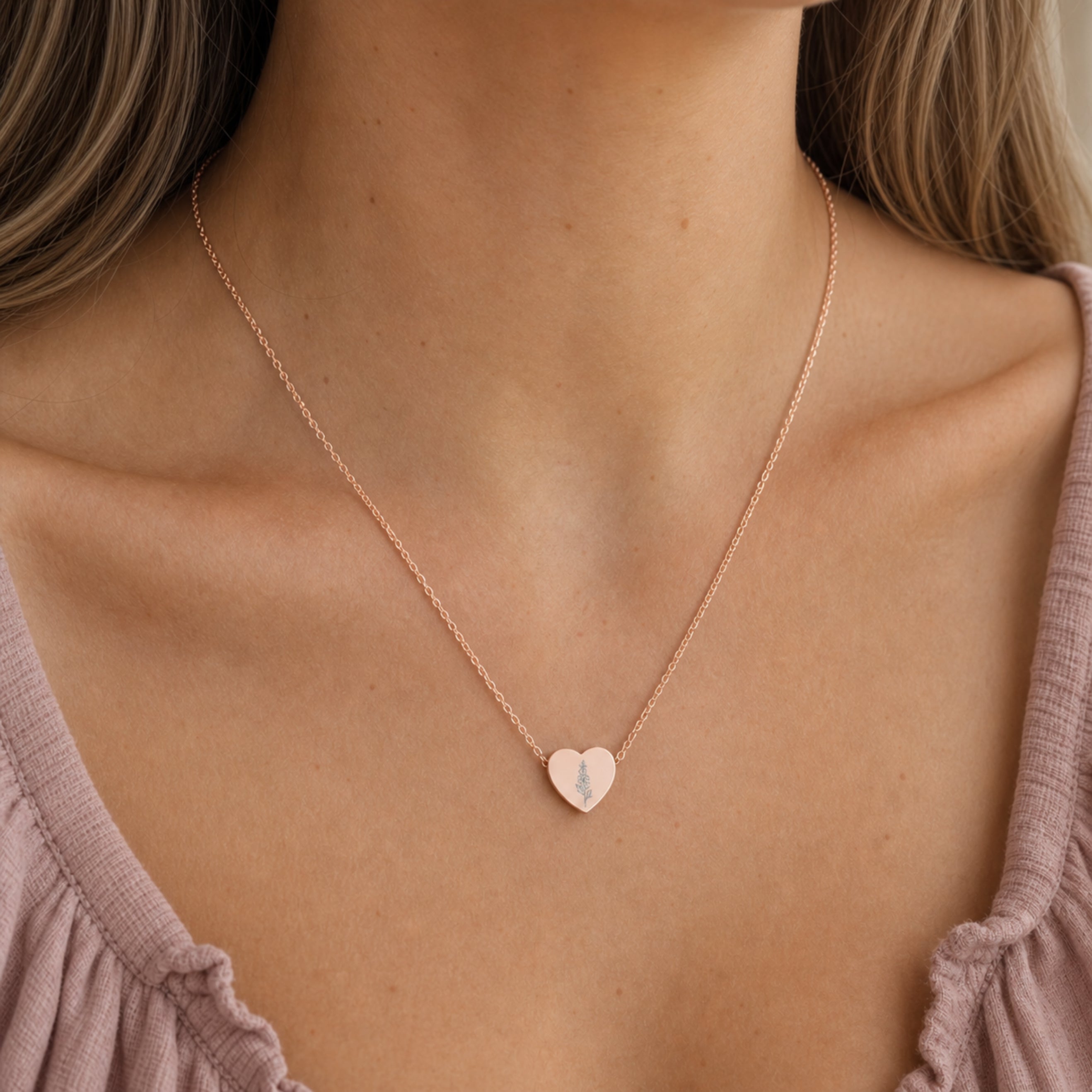 July birth flower necklace with larkspur engraving in 18K Rose Gold PVD, worn on model