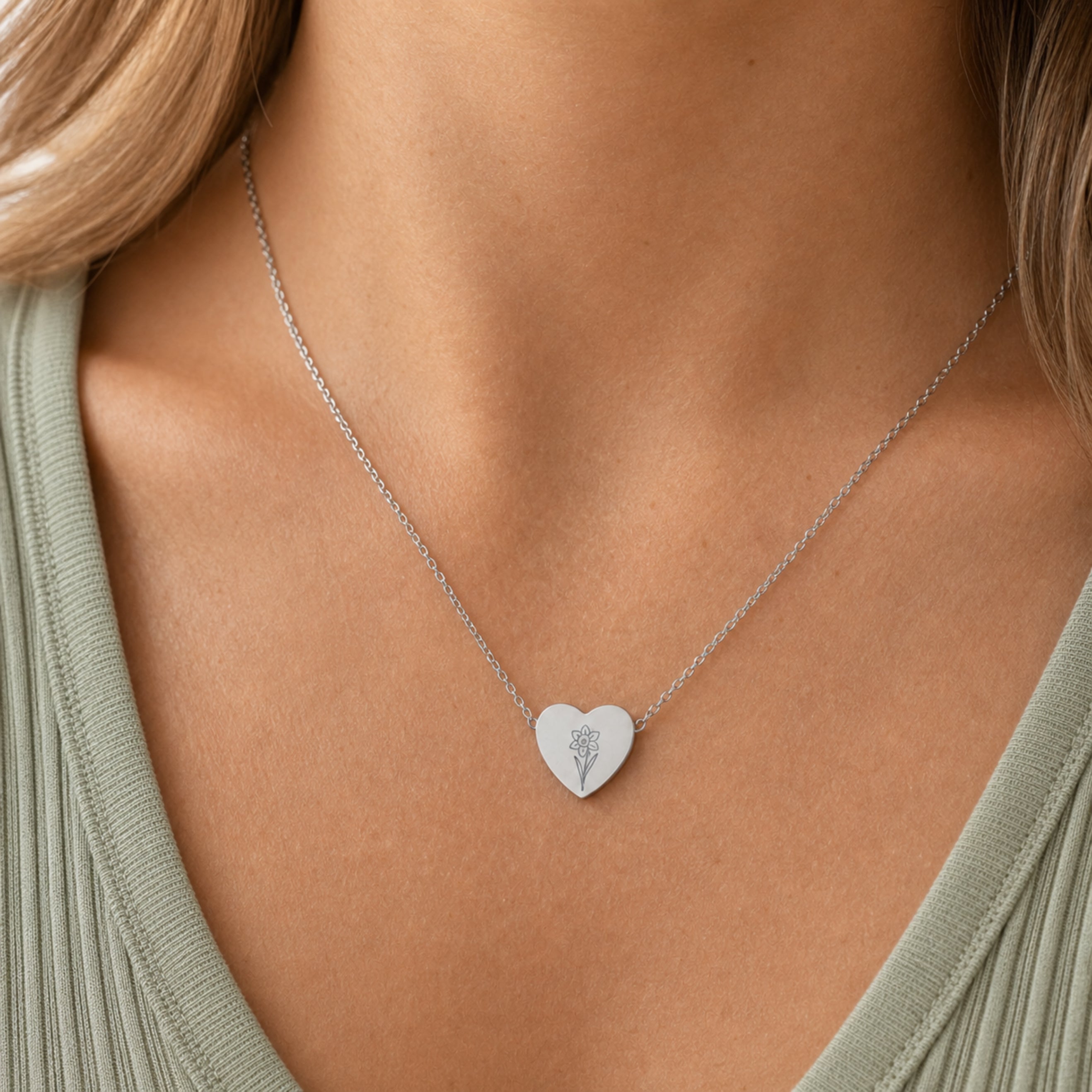 March birth flower necklace with daffodil engraving in polished 316L stainless steel, worn on model