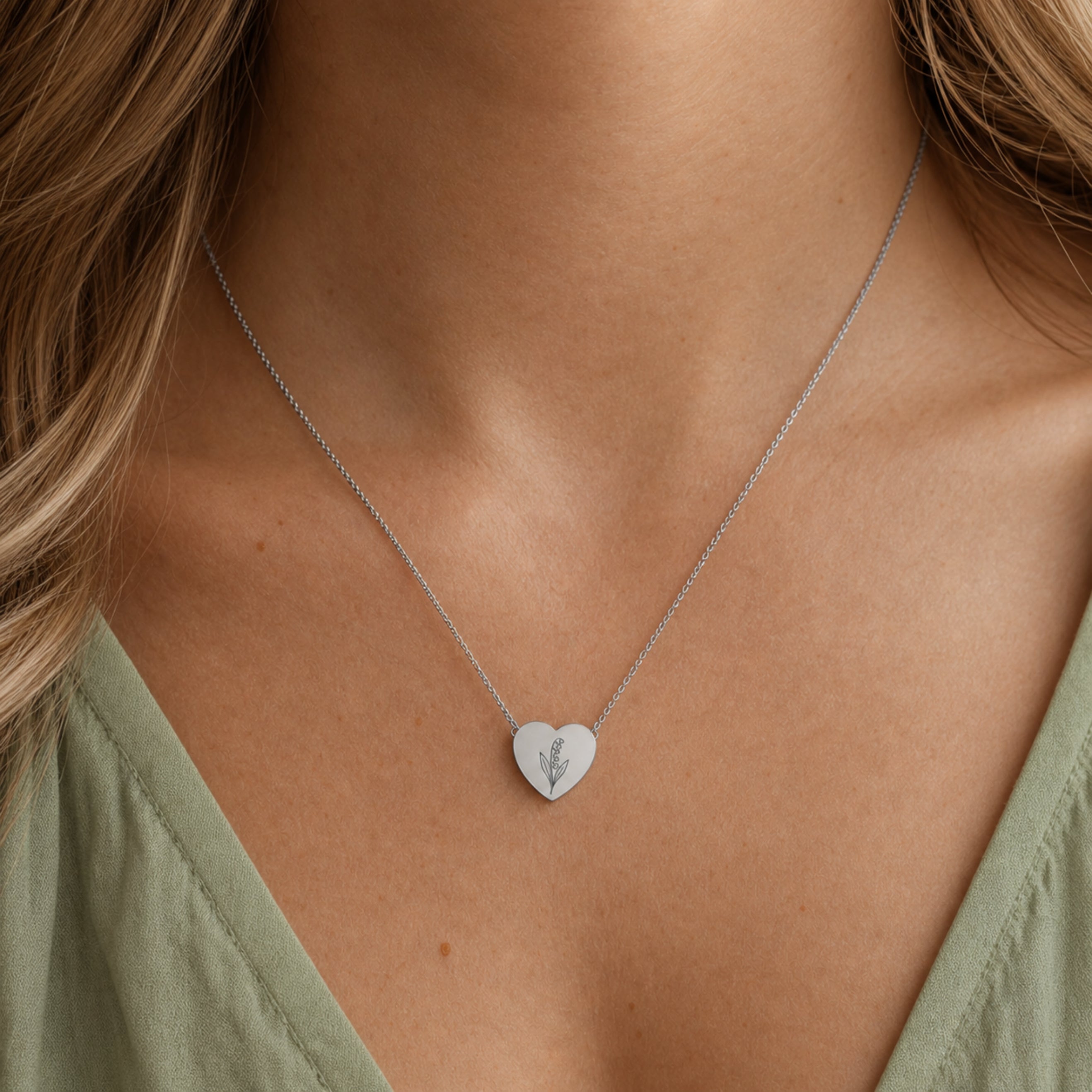 May birth flower necklace with lily of the valley engraving in polished 316L stainless steel, worn on model