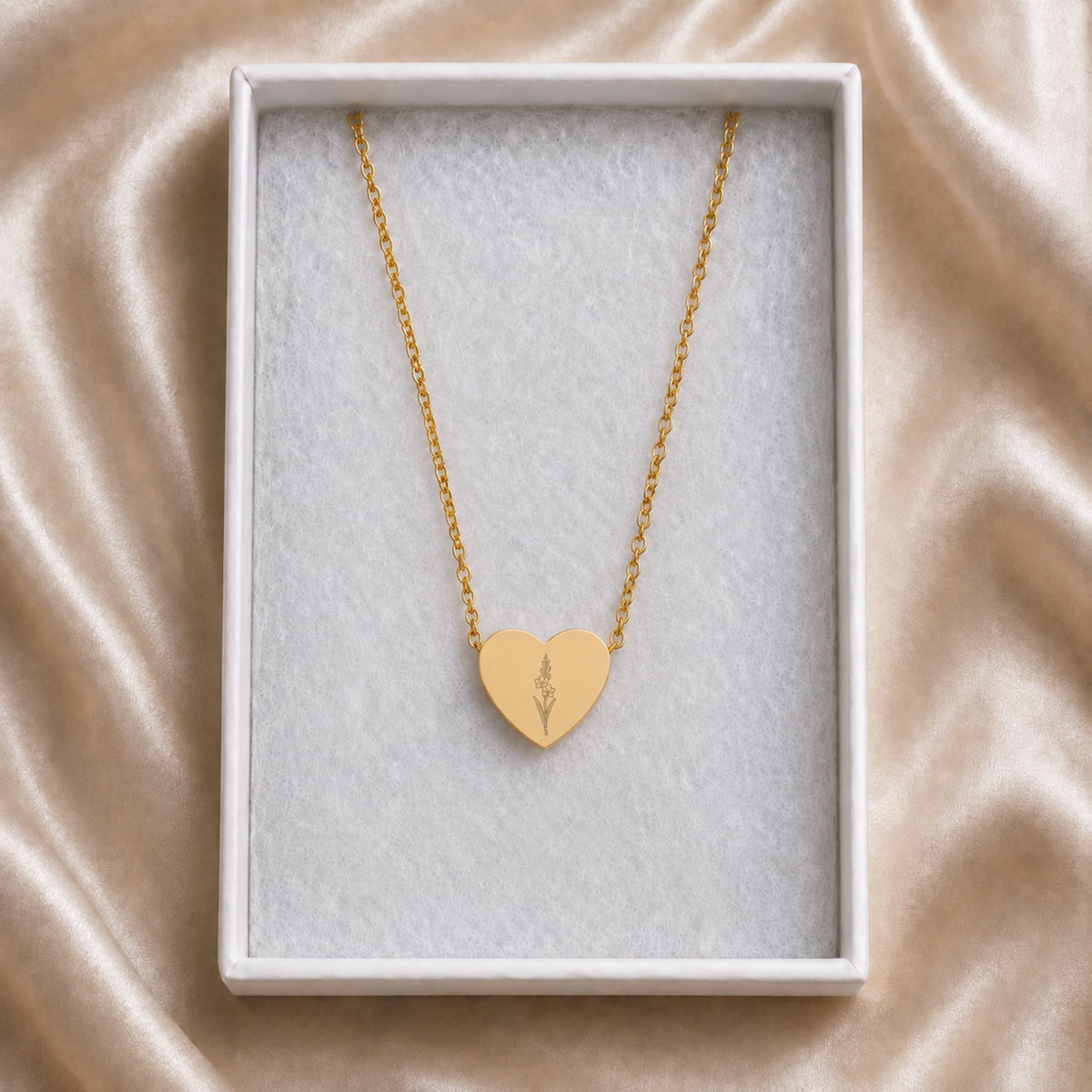 August birth flower necklace with gladiolus engraving in cream gift box, ready to give