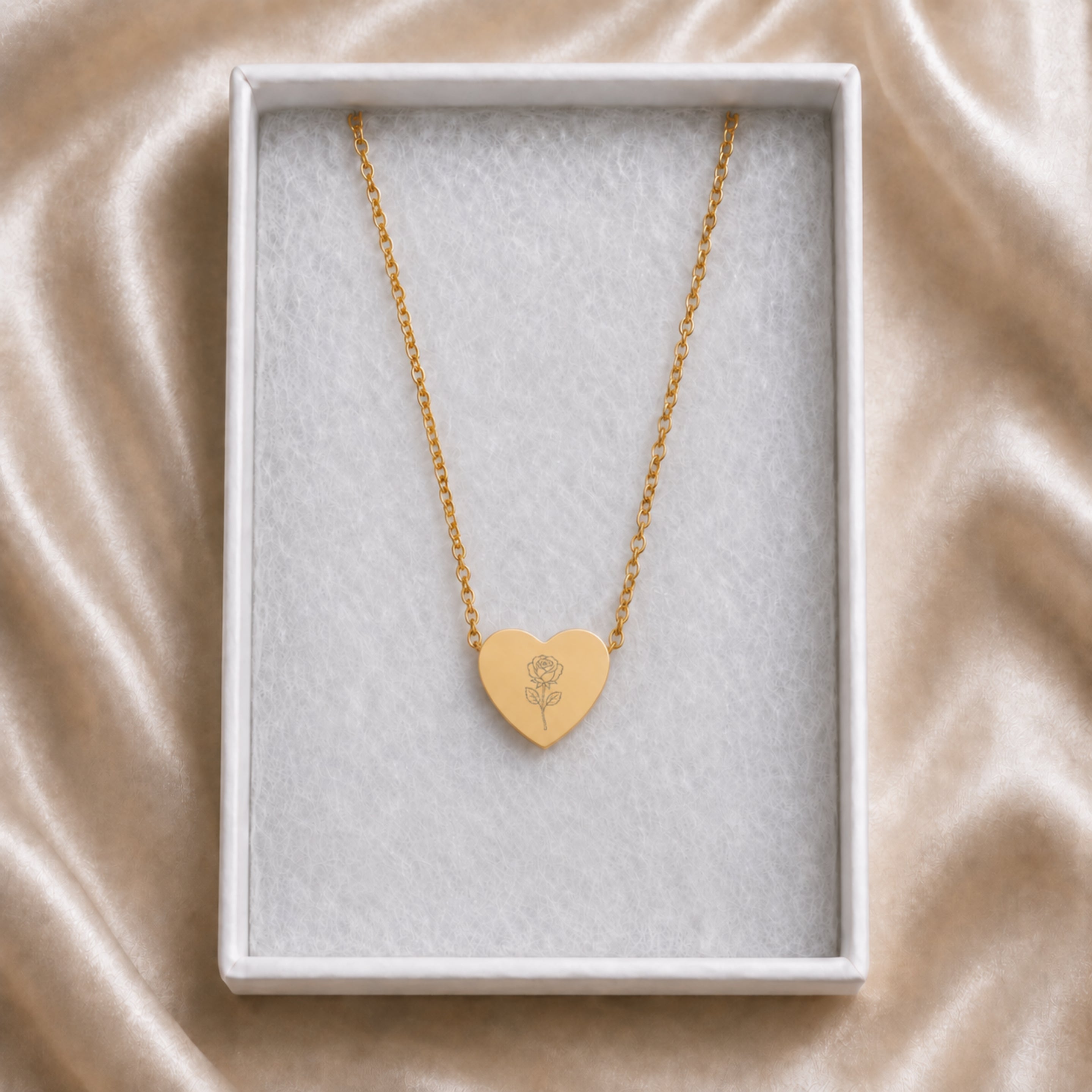 June birth flower necklace with rose engraving in cream gift box, ready to give