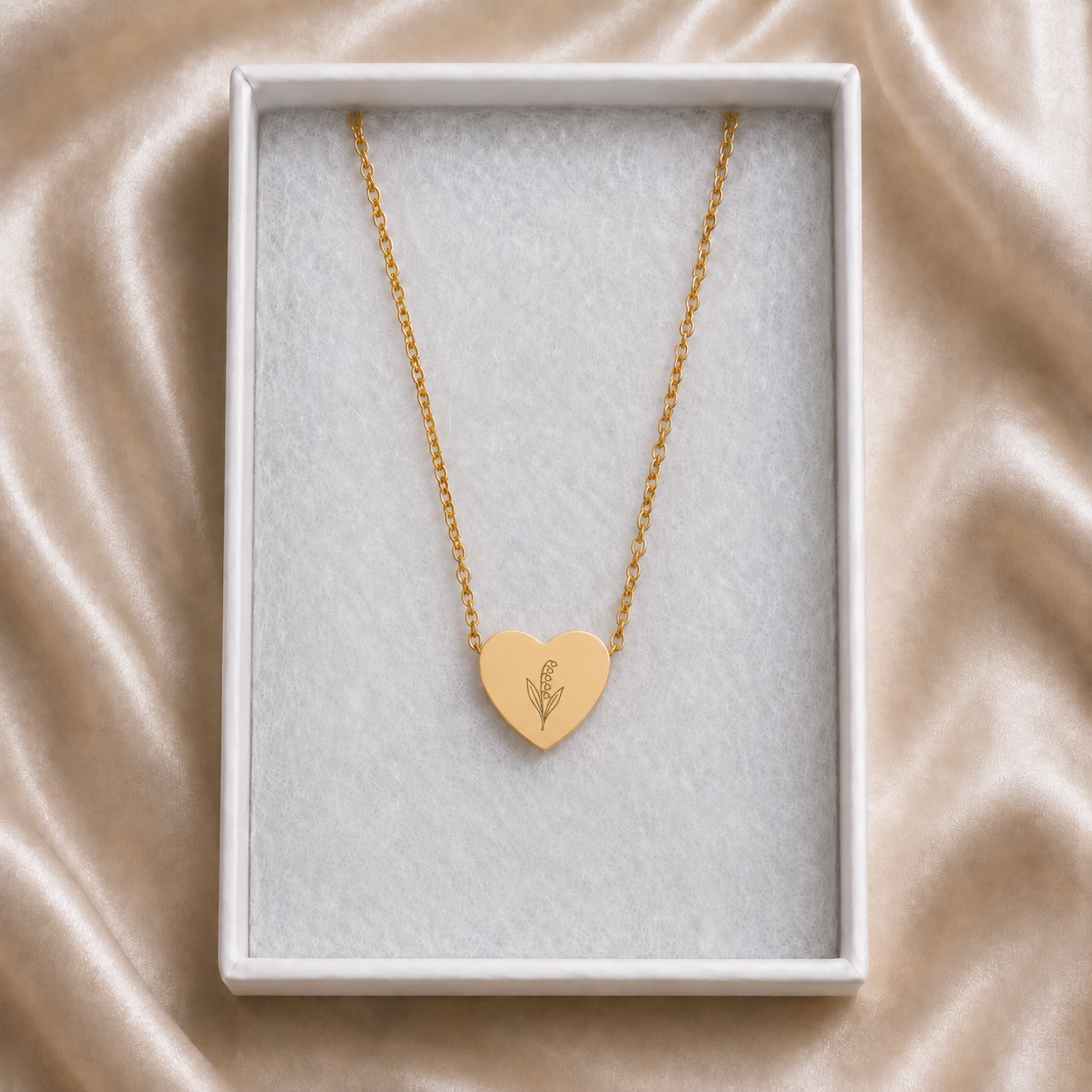 May birth flower necklace with lily of the valley engraving in cream gift box, ready to give