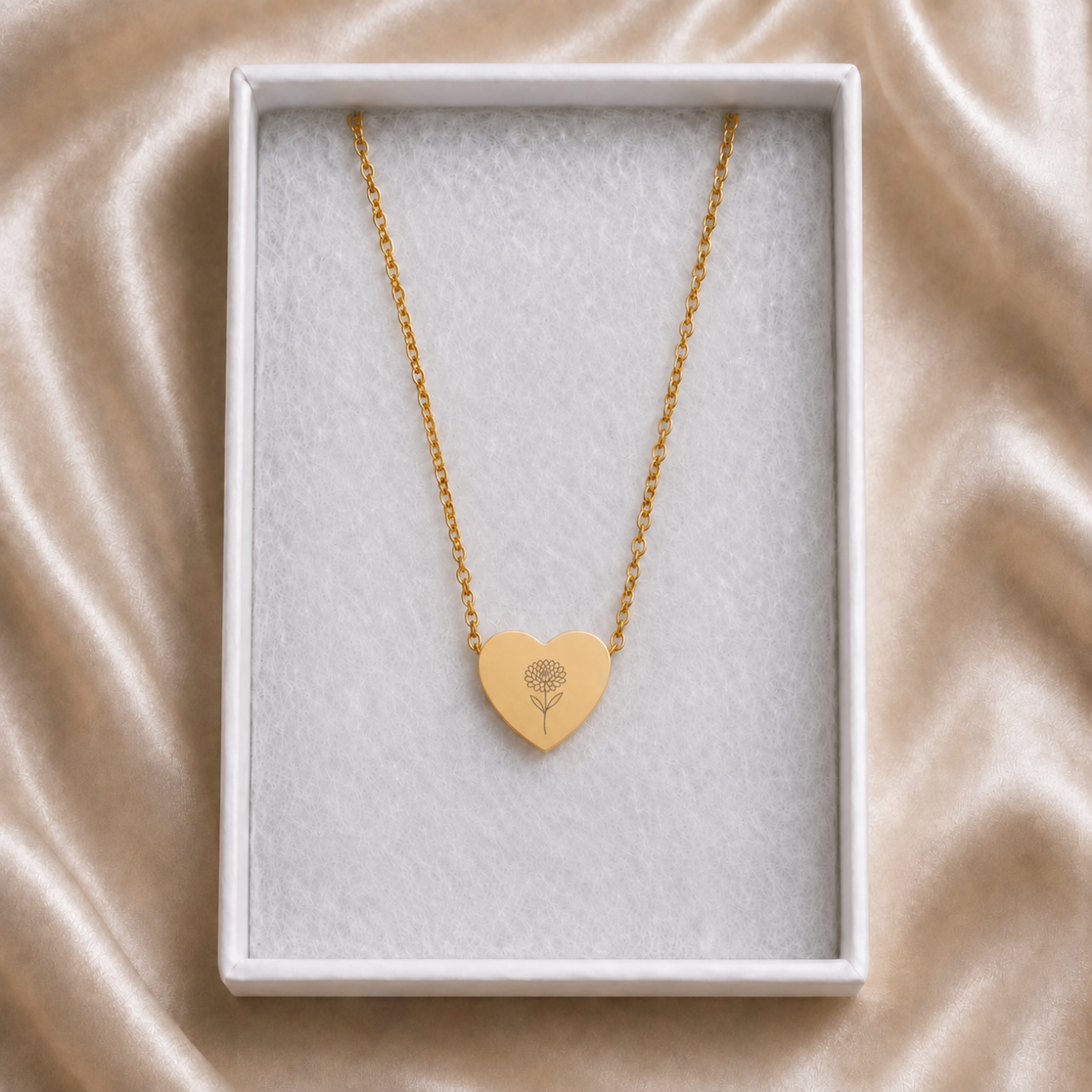 November birth flower necklace with chrysanthemum engraving in cream gift box, ready to give