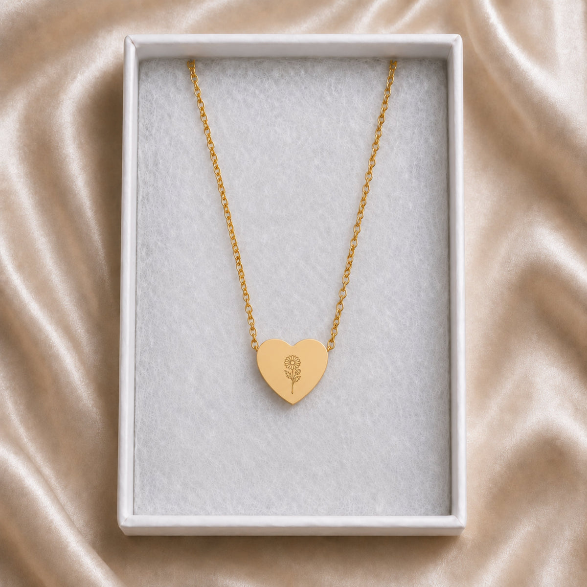 September birth flower necklace with aster engraving in cream gift box, ready to give