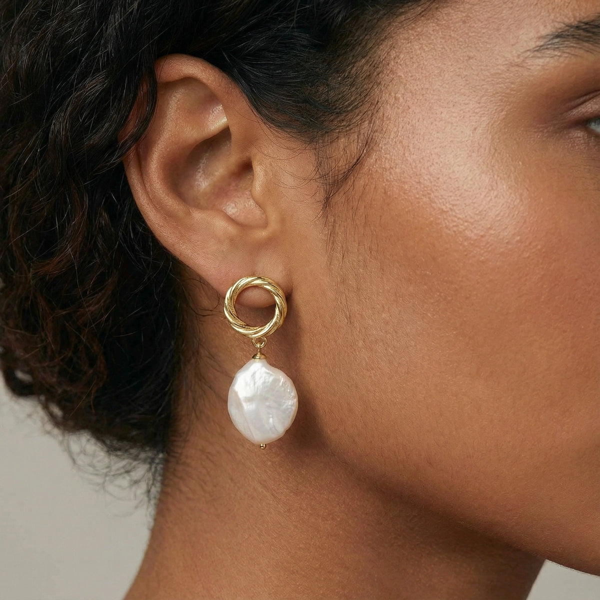 Pearl Glow gold-vermeil drop earrings with twisted circle studs and irregular white baroque coin pearls