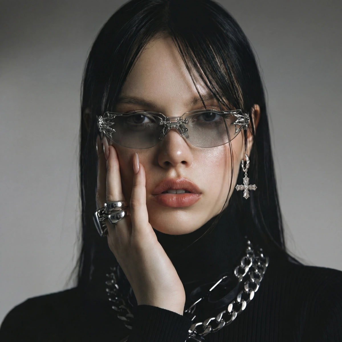 Divine Cross silver-tone drop earrings with baguette-cut zirconia and twisted leverback hooks