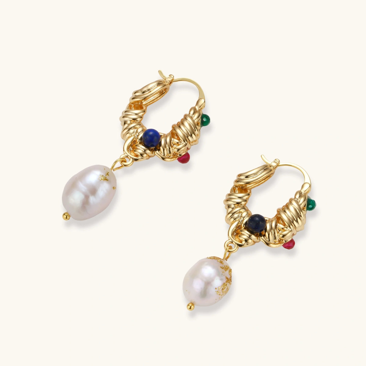 Ornate gold-plated hoop earrings with emerald, ruby, and sapphire tone accents, featuring dangling baroque freshwater pearls