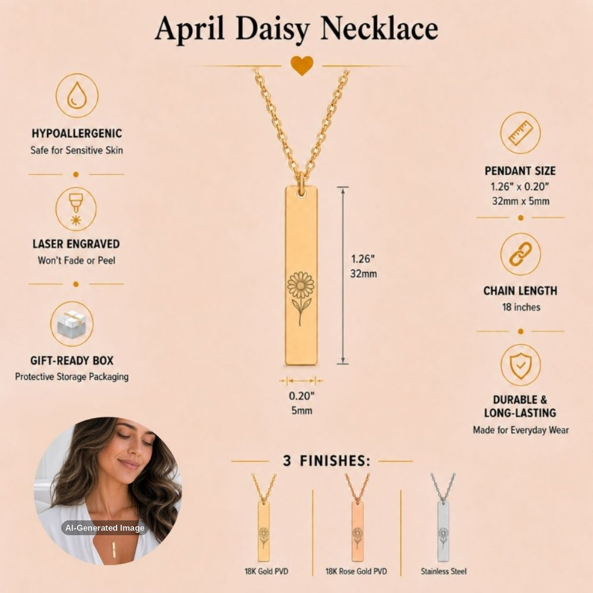 April birth flower necklace — Daisy vertical bar pendant specs: 1.26" × 0.20" × 0.08" (32 × 5 × 2 mm), 18-inch chain, premium 316L stainless steel