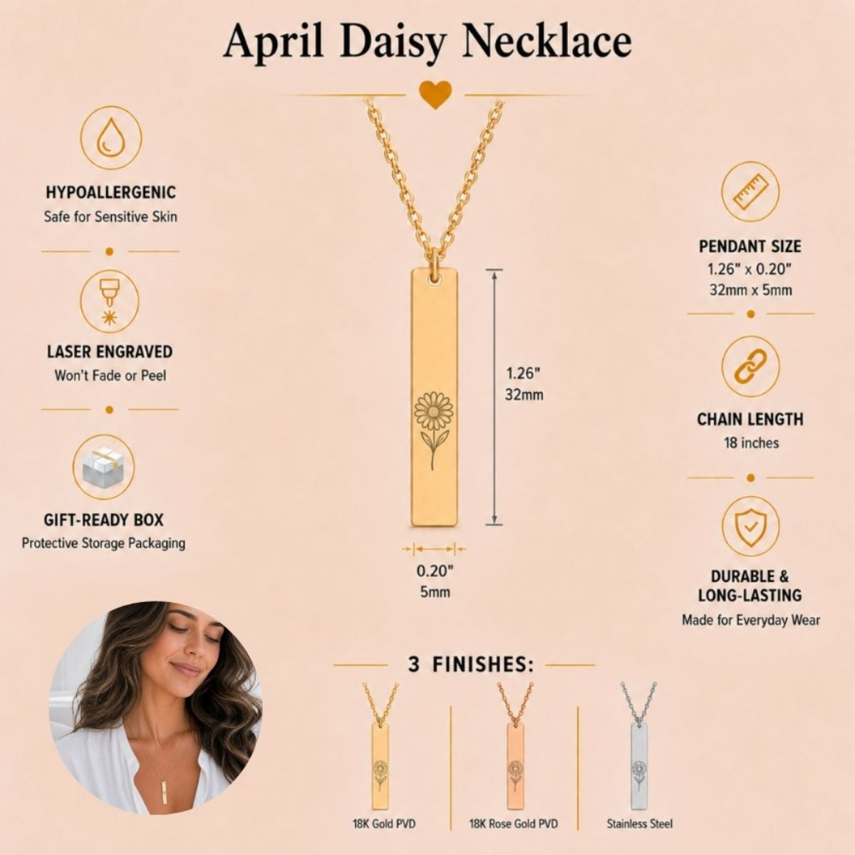 April birth flower necklace — Daisy vertical bar pendant specs: 1.26" × 0.20" × 0.08" (32 × 5 × 2 mm), 18-inch chain, premium 316L stainless steel