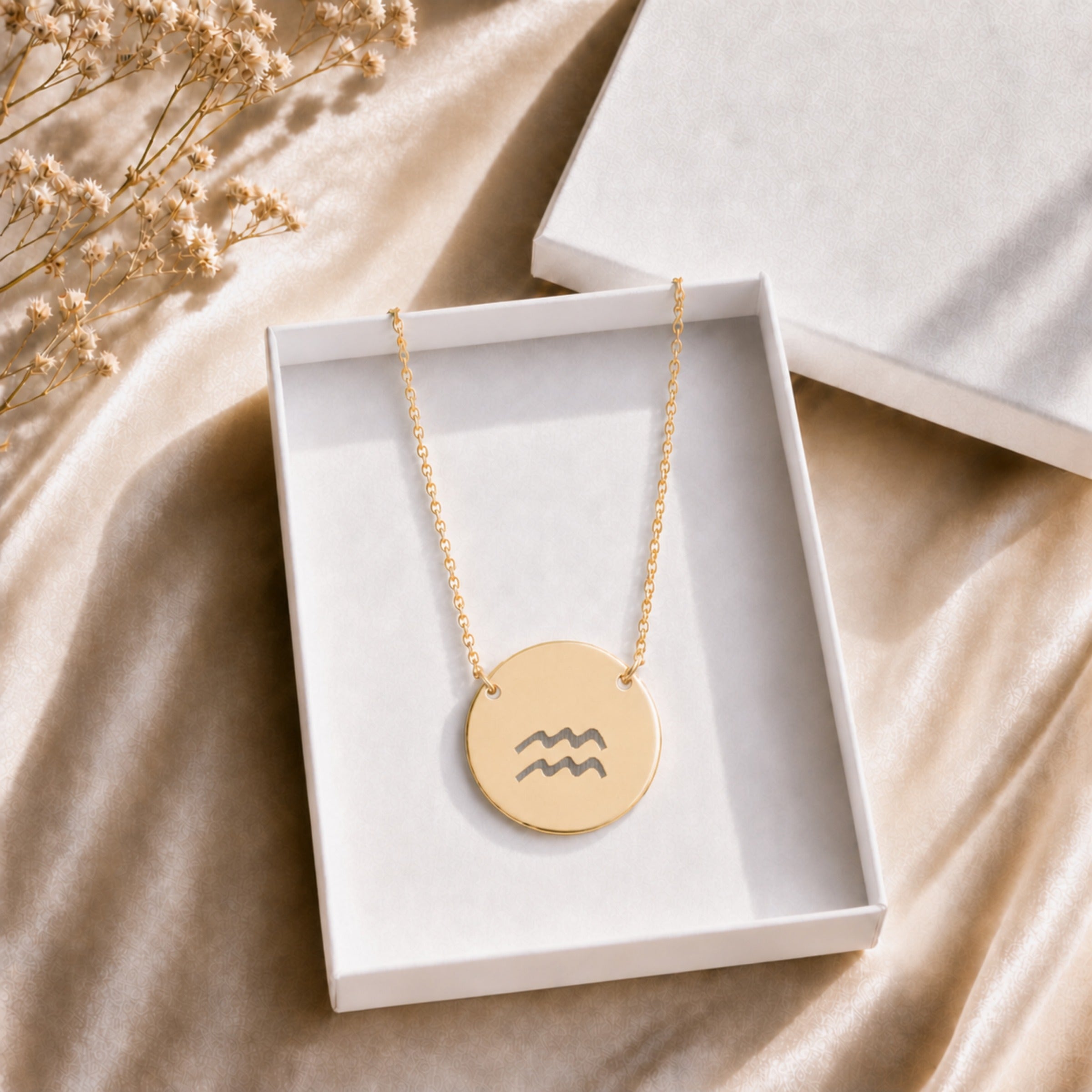 Aquarius Coin Gold zodiac necklace in signature gift box — 18K gold Aquarius Water Bearer engraved pendant ready to gift, premium packaging for birthday, Mother's Day, anniversary, January February Aquarius present