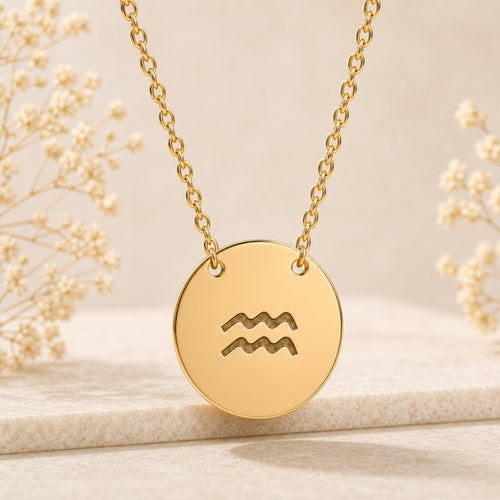 Aquarius zodiac coin necklace close-up — detail of laser-engraved Aquarius water-bearer waves on 18K gold pendant, premium personalized astrology jewelry