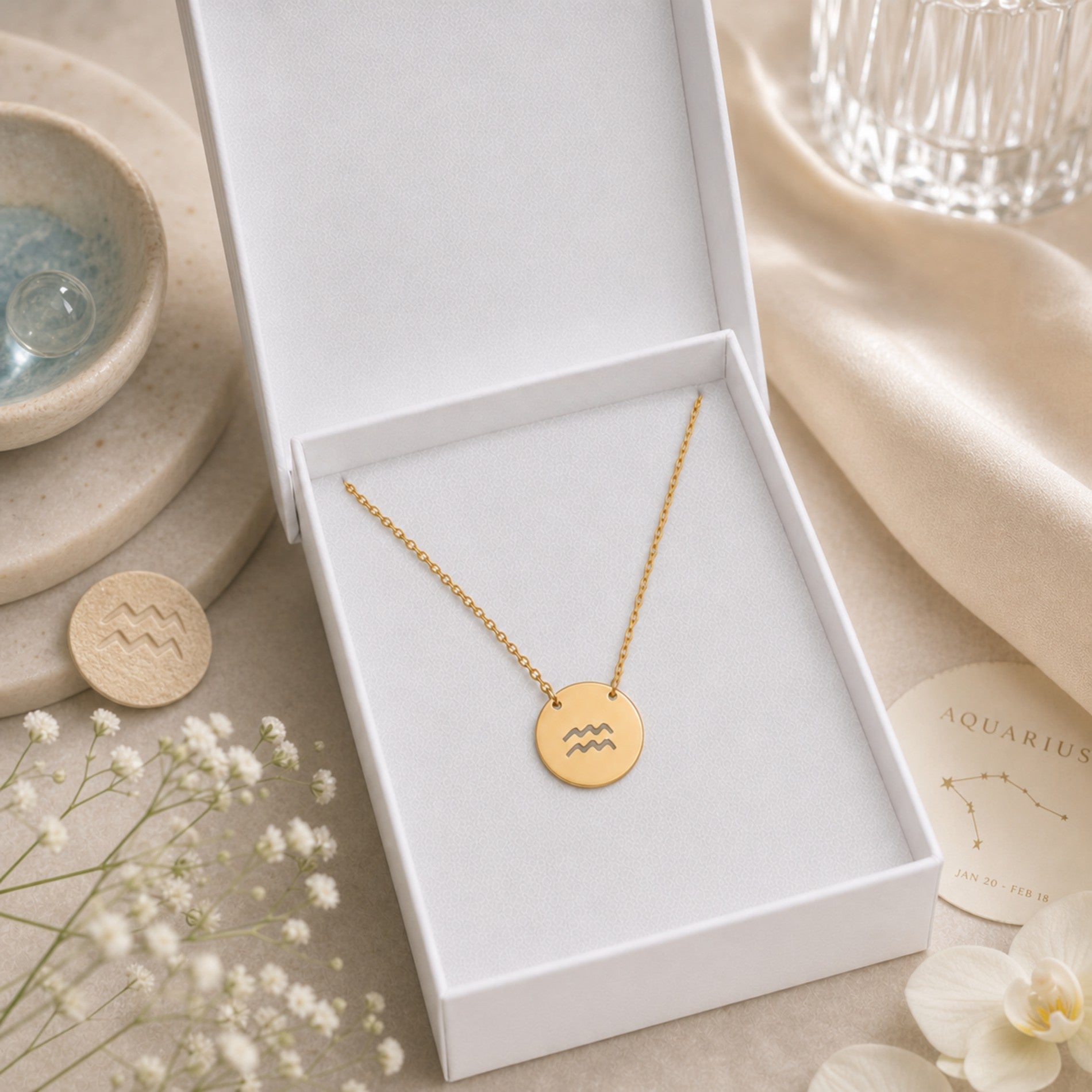 Aquarius zodiac coin necklace presented in a luxe gift box — ready to give (AI-generated image). Memory That Lasts.