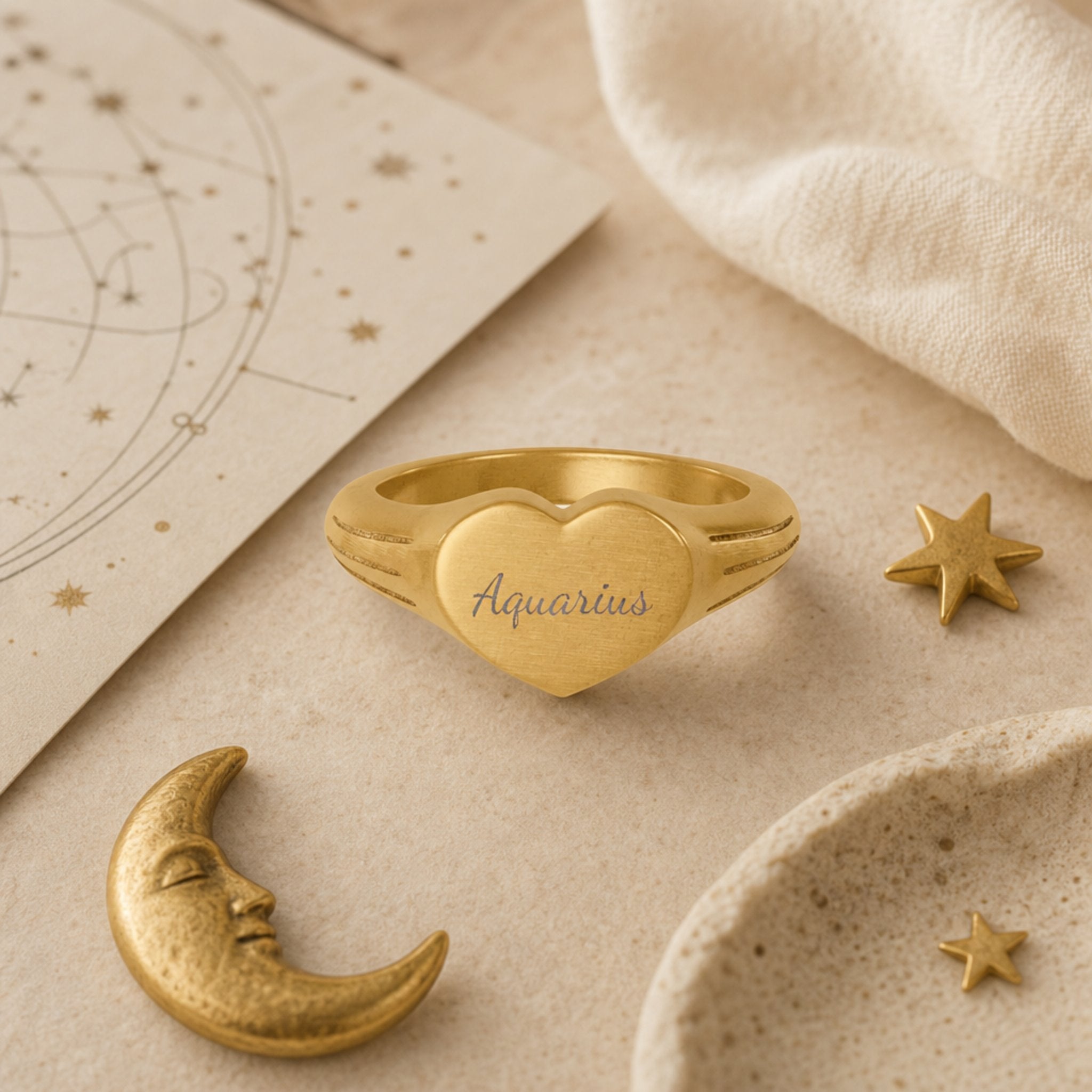 Aquarius zodiac heart signet ring celestial flatlay — zodiac chart and brass star with engraved Aquarius heart signet, astrology gift styling