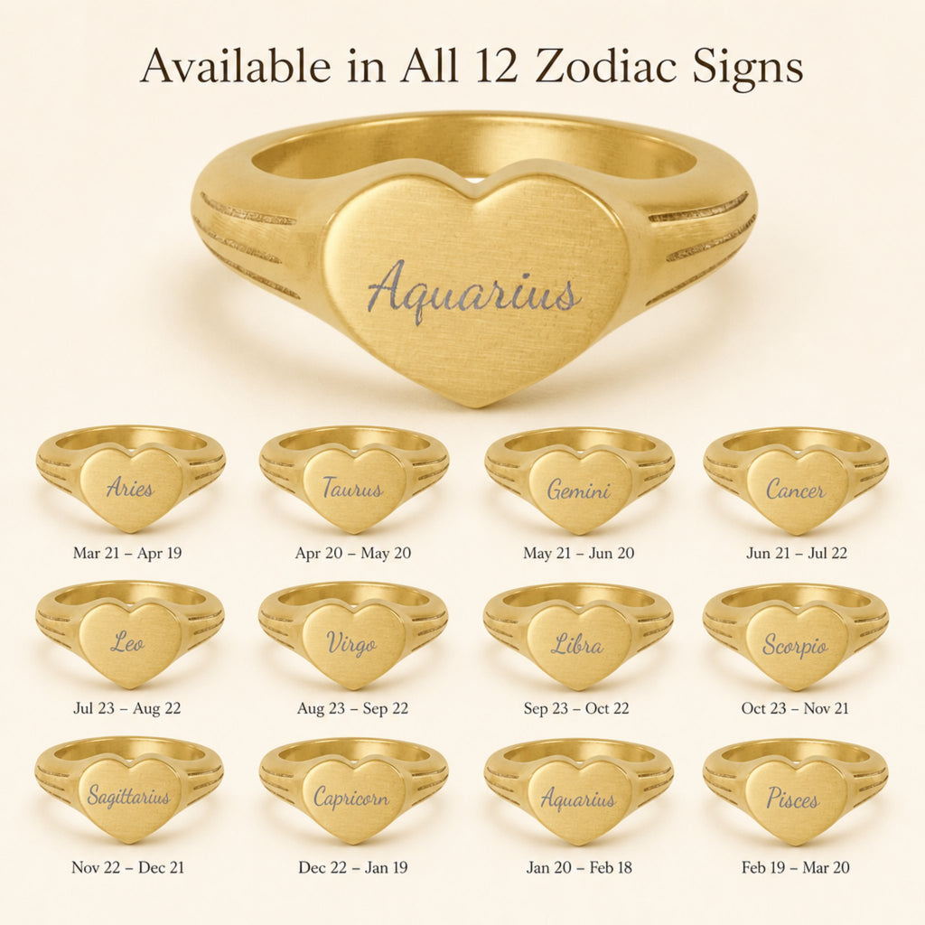 Aquarius zodiac heart signet ring — available in all 12 zodiac signs, variant grid with date ranges