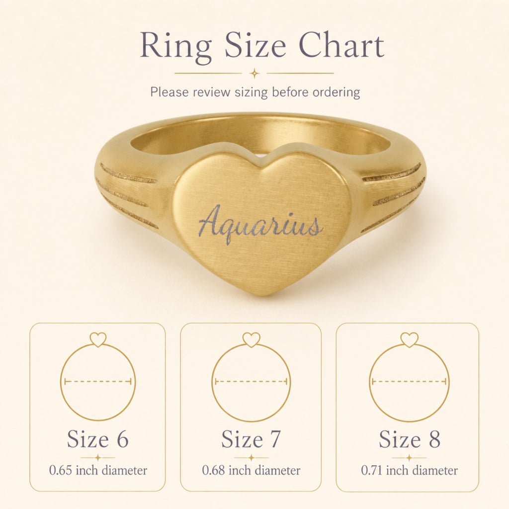 Aquarius zodiac heart signet ring size chart — sizes 6, 7, 8 with 0.65/0.68/0.71 inch diameter reference