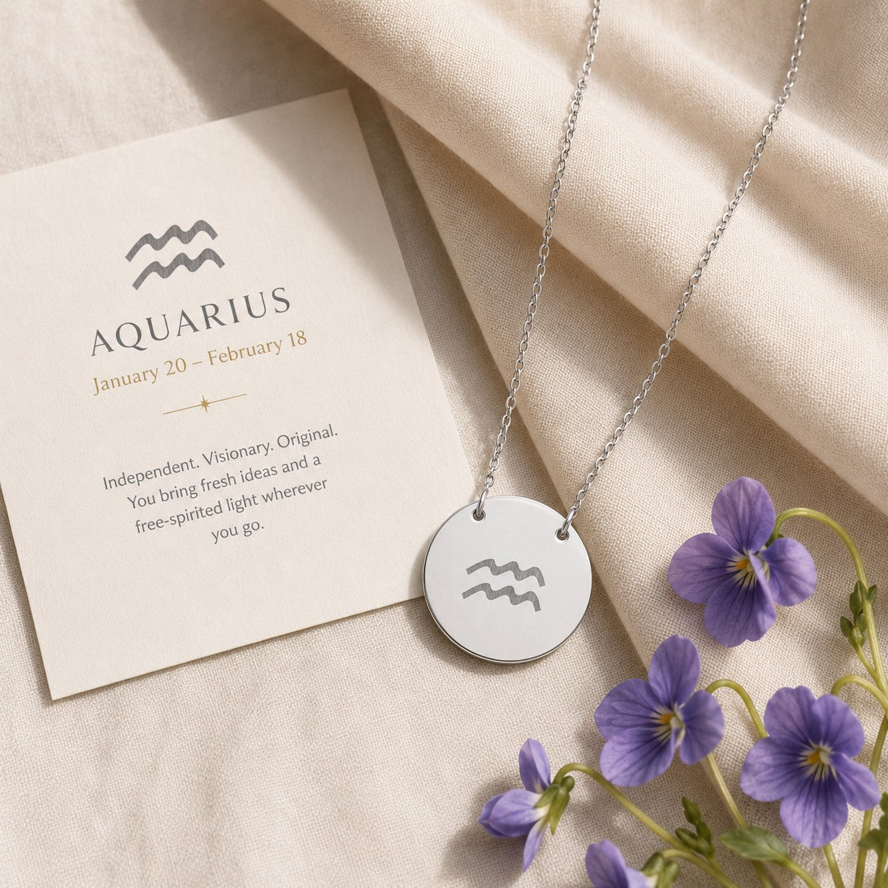 Aquarius zodiac coin necklace — engraved star sign pendant. Memory That Lasts.