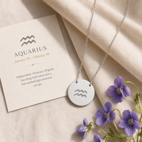 Aquarius zodiac coin necklace — engraved star sign pendant. Memory That Lasts.