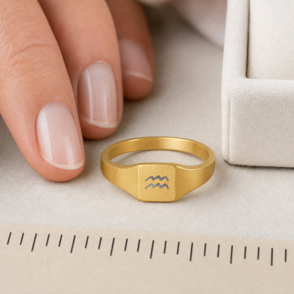 Aquarius zodiac square signet ring scale-in-hand — fingers holding ring next to gift box and ruler, dainty 20mm signet sizing