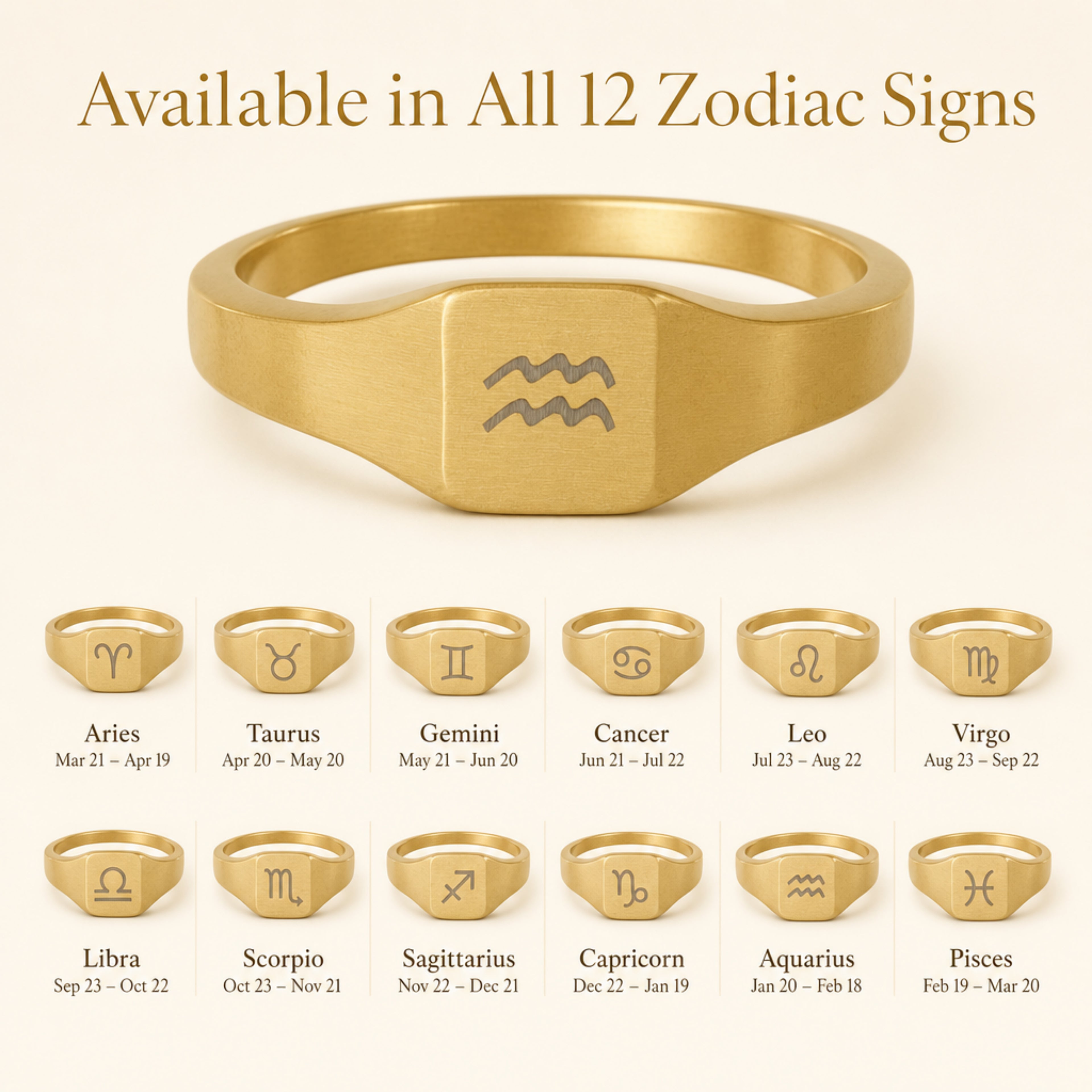 Aquarius zodiac square signet ring — available in all 12 zodiac signs, variant grid with date ranges