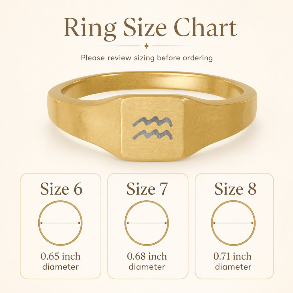 Aquarius zodiac square signet ring size chart — sizes 6, 7, 8 with 0.65/0.68/0.71 inch diameter reference
