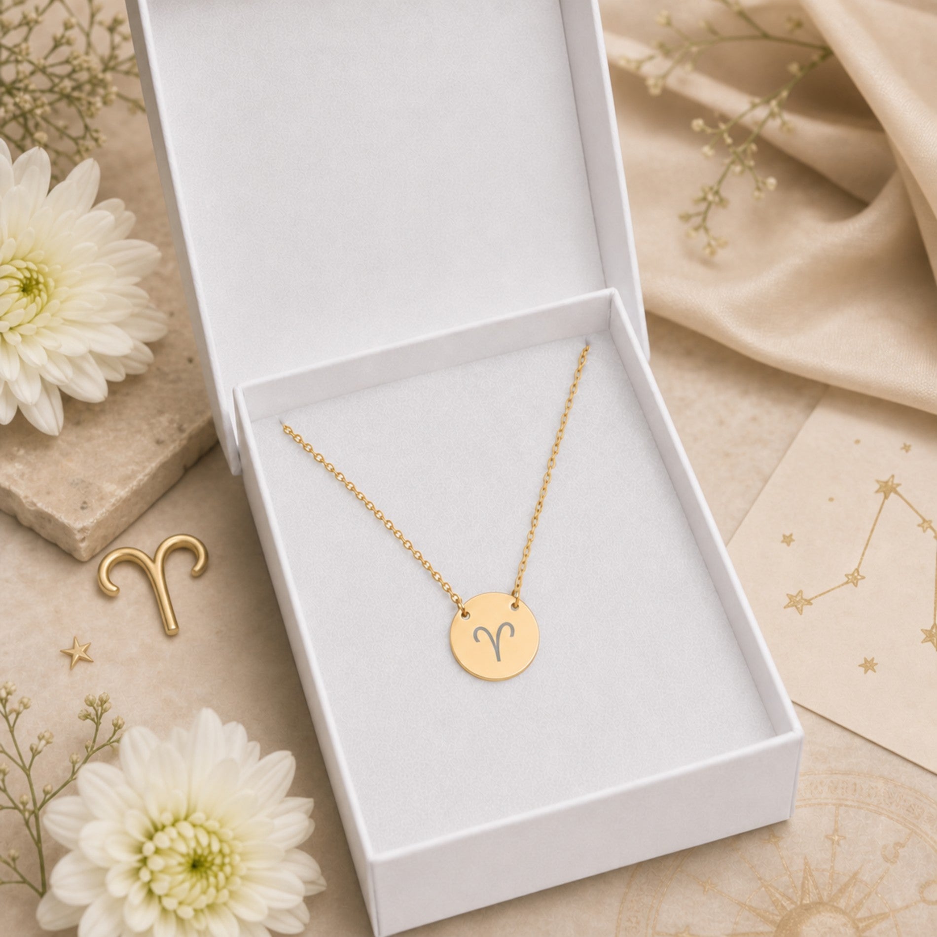 Aries zodiac coin necklace presented in a luxe gift box — ready to give (AI-generated image). Memory That Lasts.