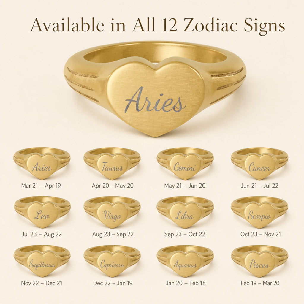 Aries zodiac heart signet ring — available in all 12 zodiac signs, variant grid with date ranges