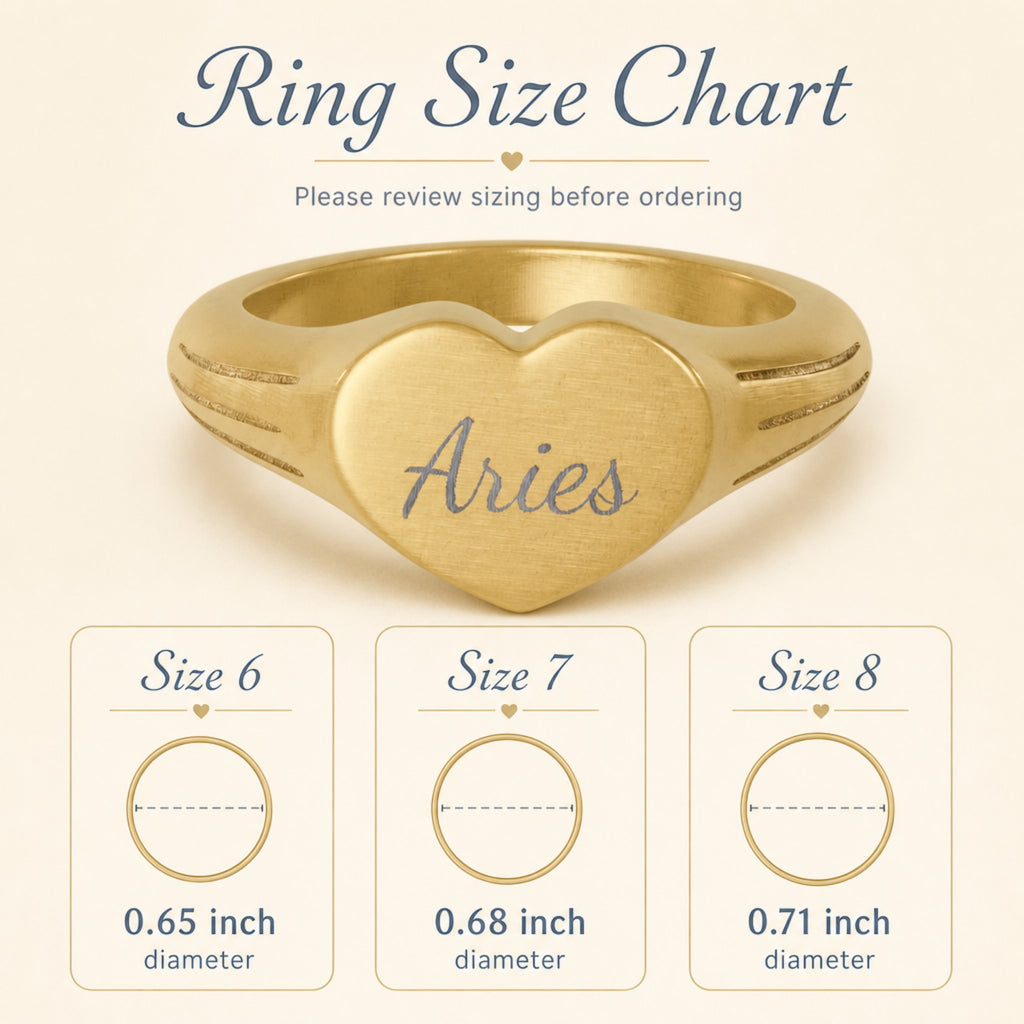 Aries zodiac heart signet ring size chart — sizes 6, 7, 8 with 0.65/0.68/0.71 inch diameter reference