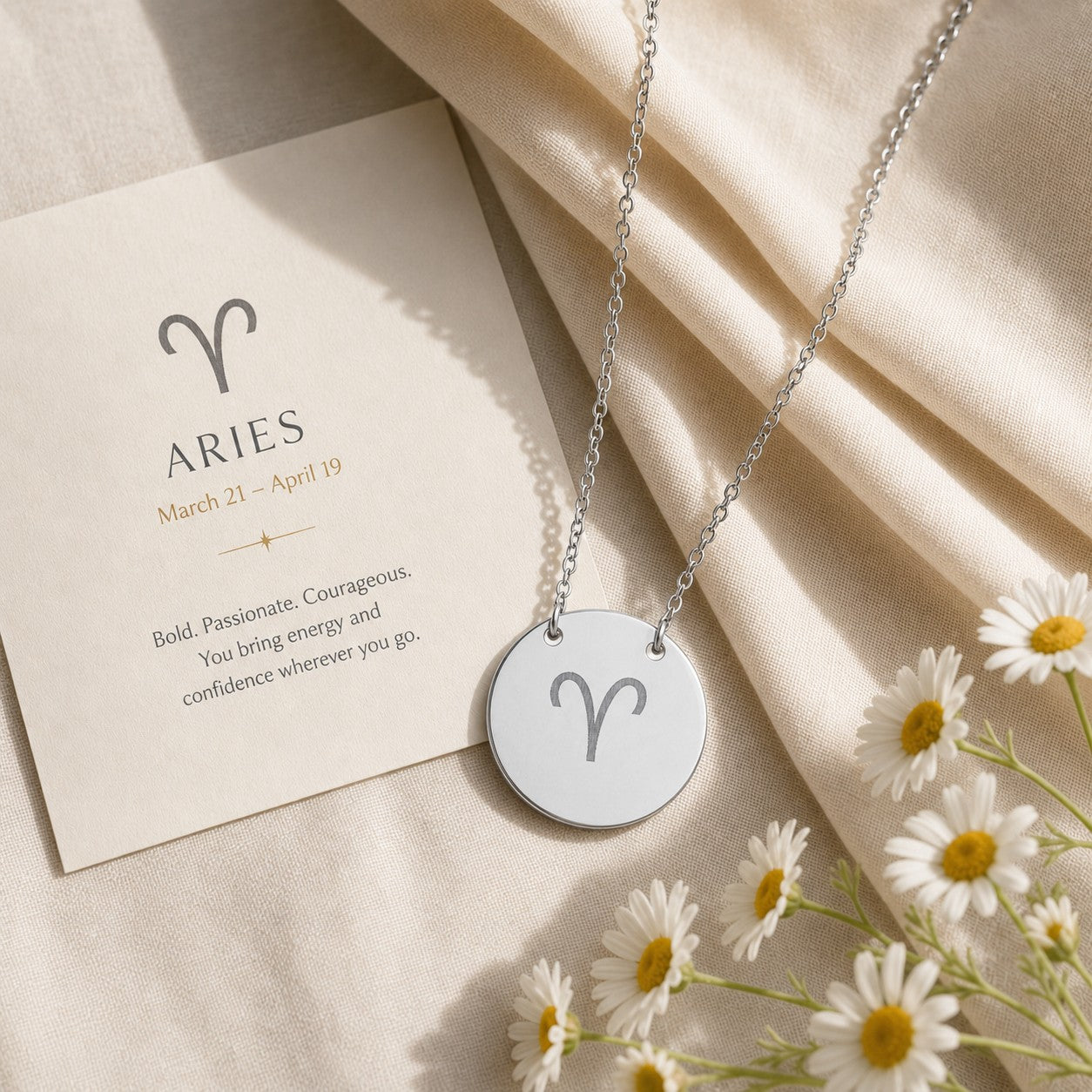 Aries zodiac coin necklace — engraved star sign pendant. Memory That Lasts.