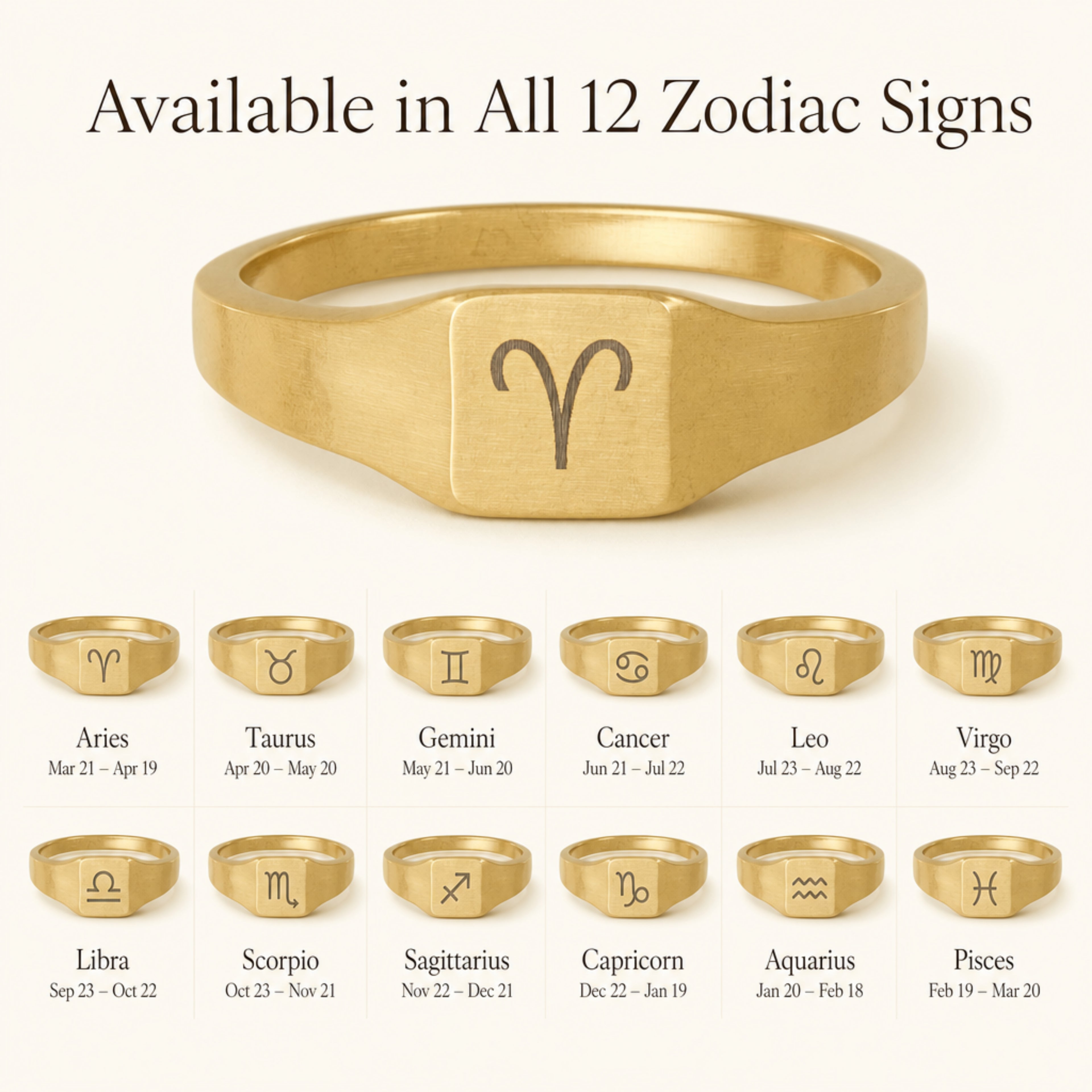 Aries zodiac square signet ring — available in all 12 zodiac signs, variant grid with date ranges