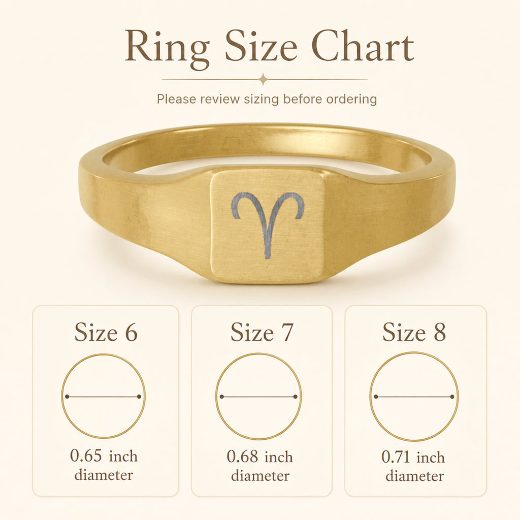 Aries zodiac square signet ring size chart — sizes 6, 7, 8 with 0.65/0.68/0.71 inch diameter reference