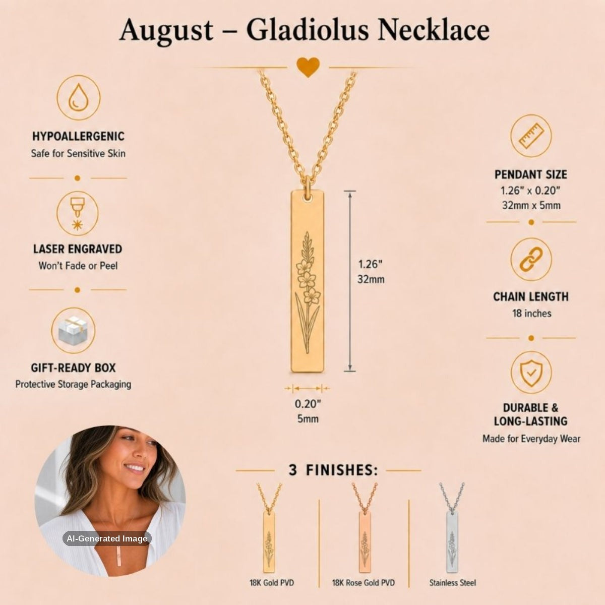 August birth flower necklace — Gladiolus vertical bar pendant specs: 1.26" × 0.20" × 0.08" (32 × 5 × 2 mm), 18-inch chain, premium 316L stainless steel