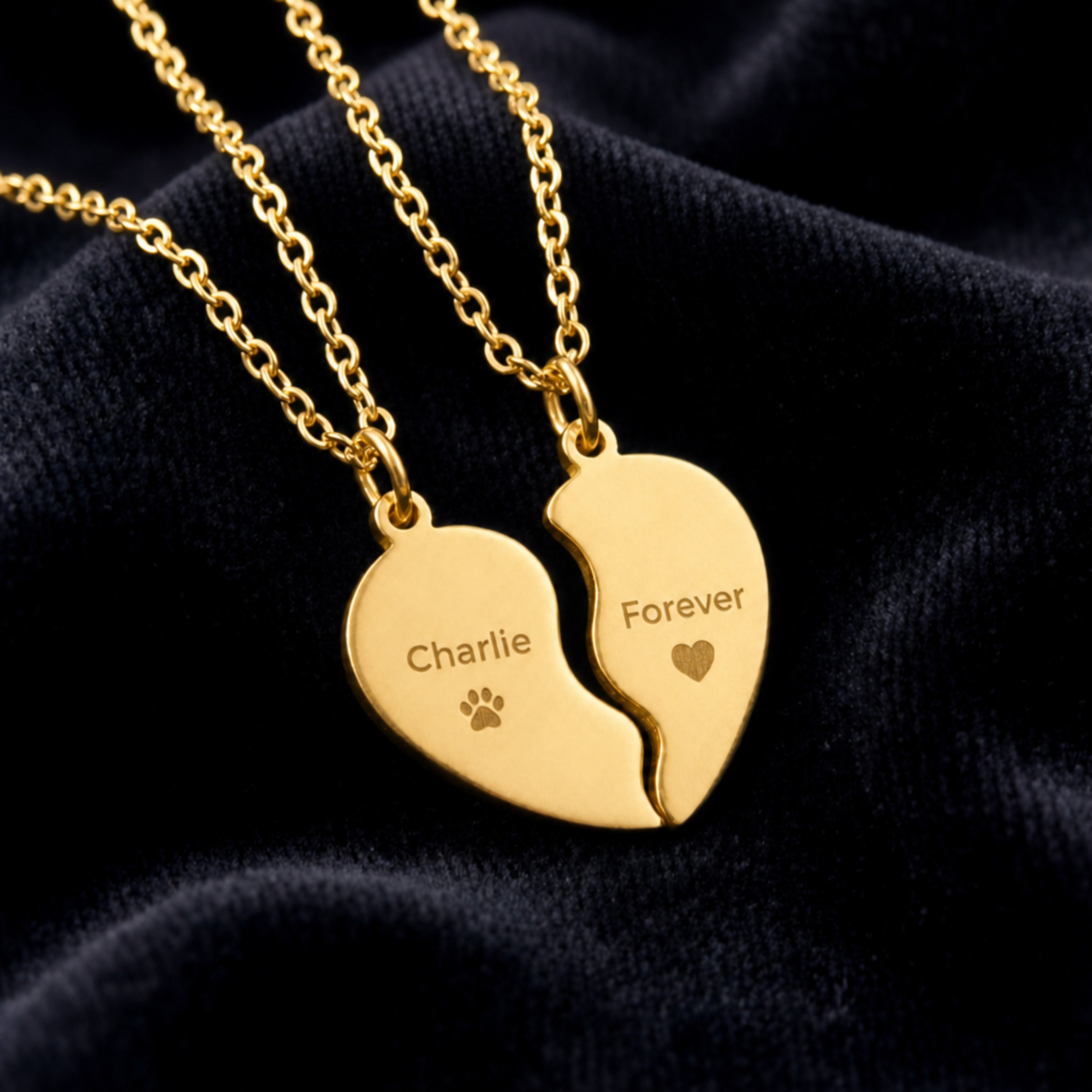 Memory That Lasts Break Apart pet memorial necklace, gold finish, premium flatlay on dark velvet