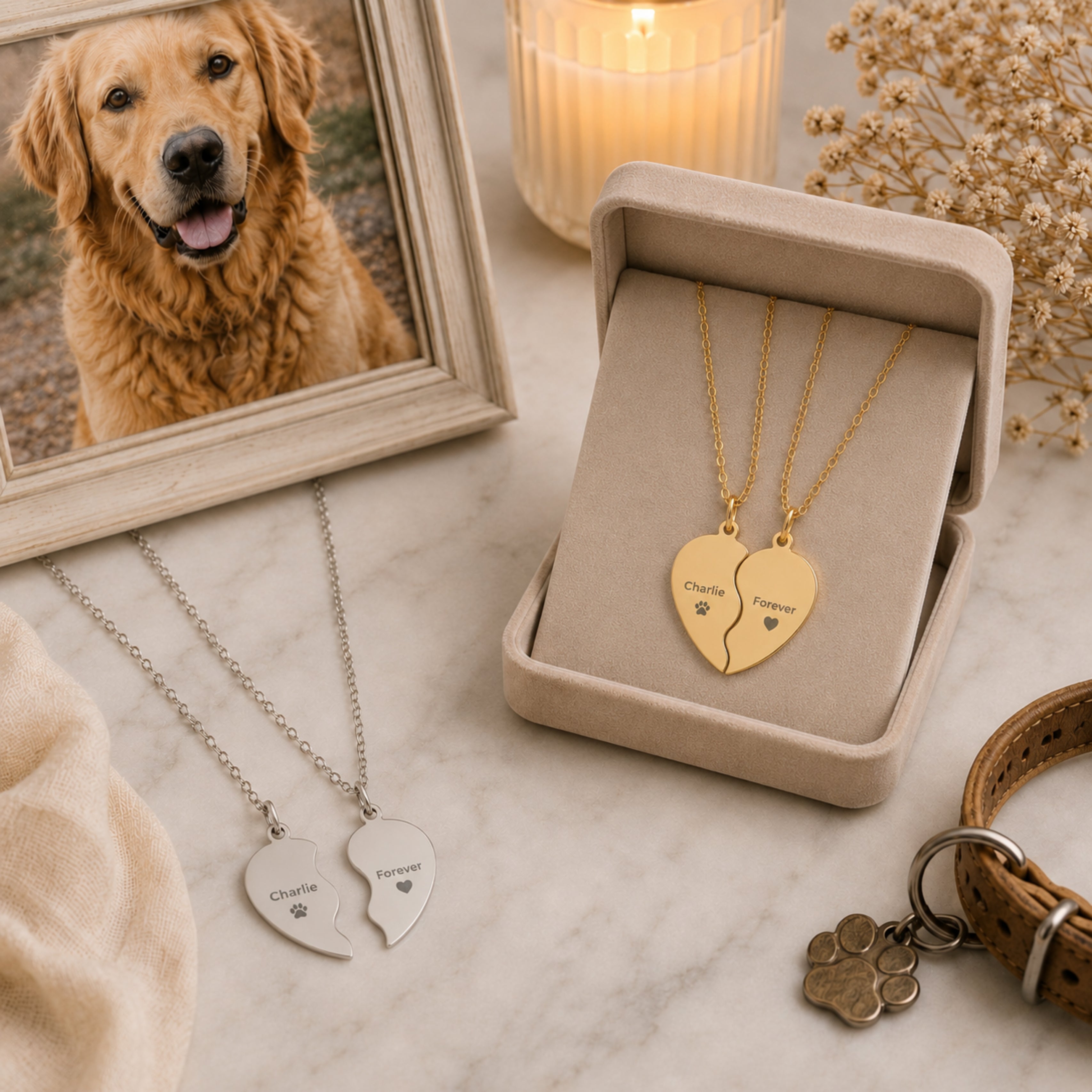 Memory That Lasts Break Apart pet memorial necklace lifestyle scene with golden retriever photo, gold and stainless steel finishes shown together