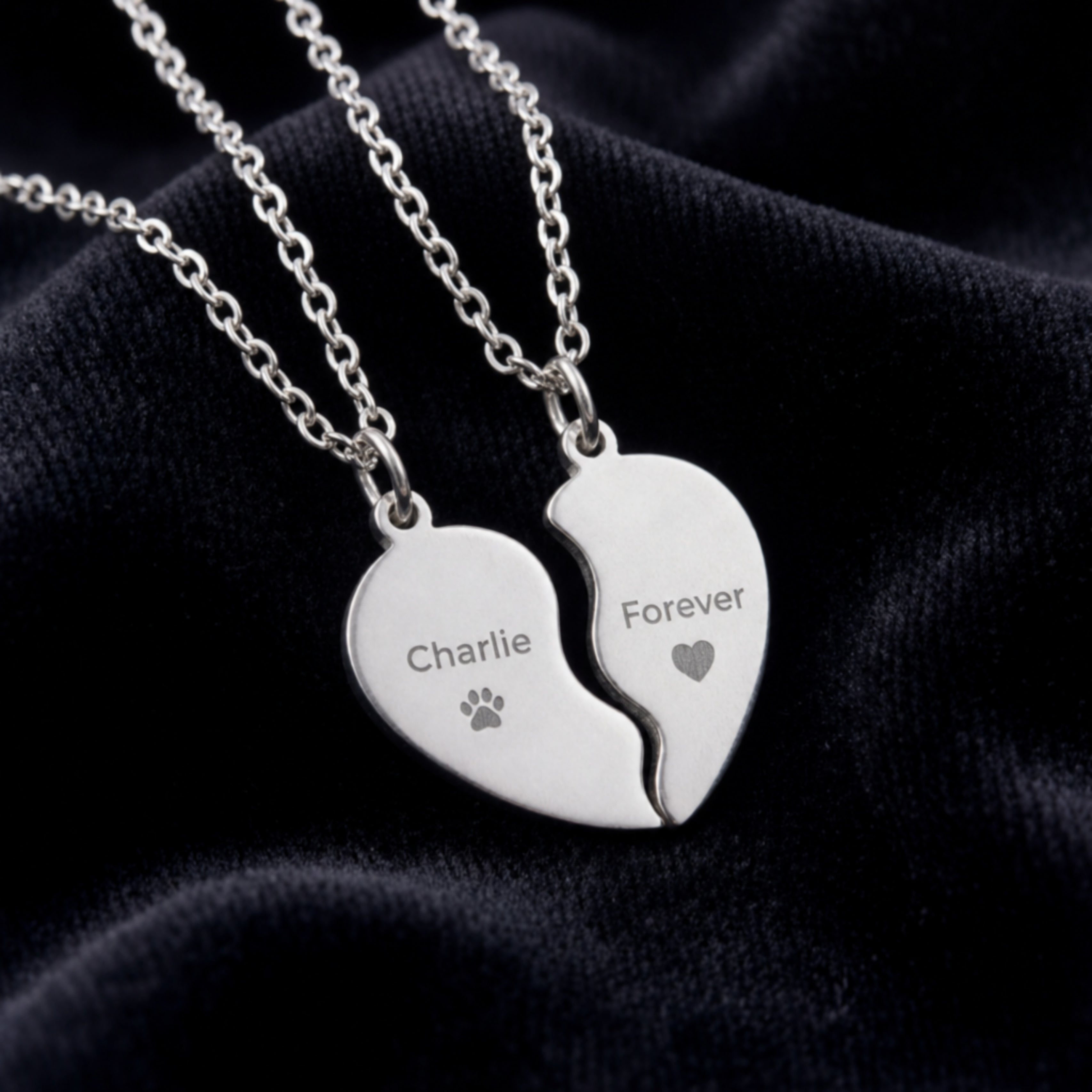 Memory That Lasts Break Apart pet memorial necklace, stainless steel finish, premium flatlay on dark velvet