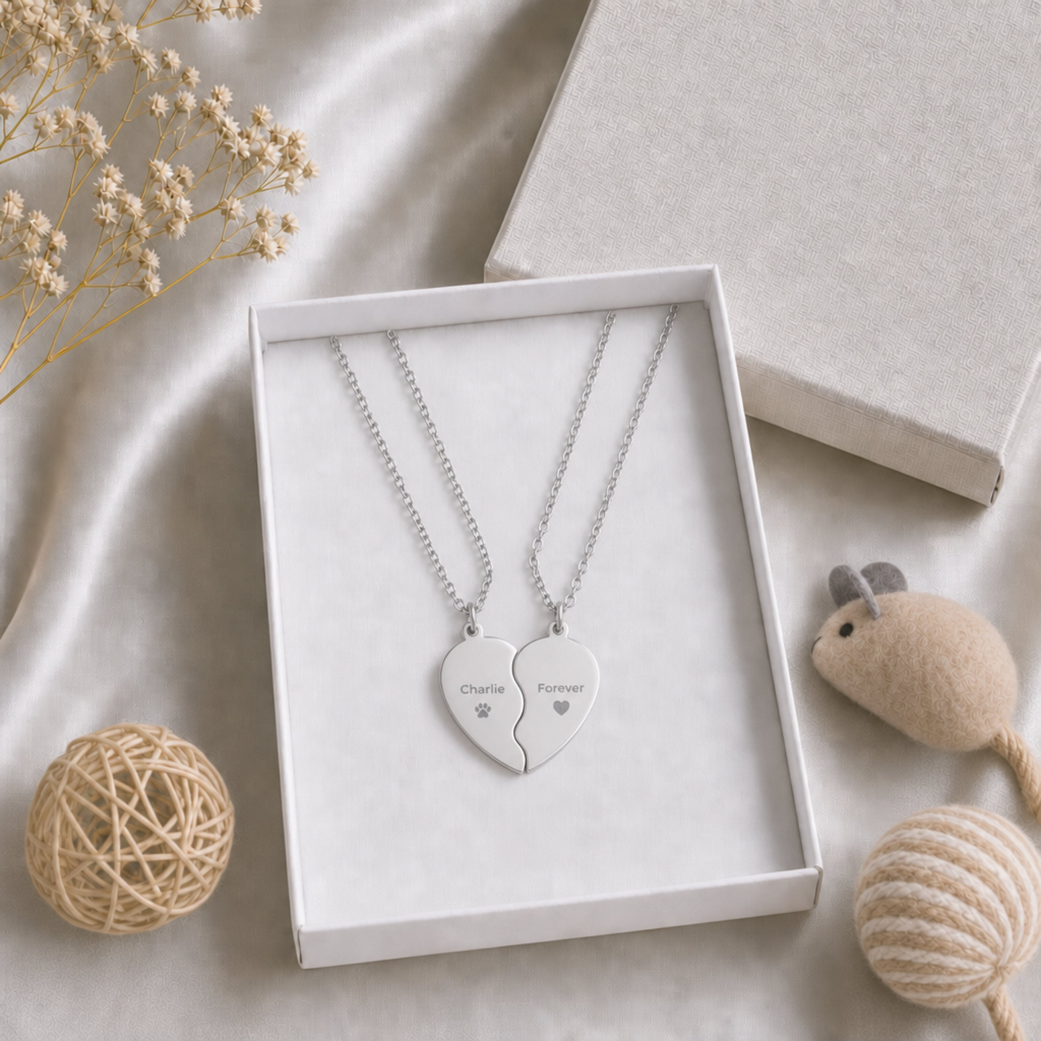 Memory That Lasts Break Apart pet memorial necklace, stainless steel finish, in premium gift box with cat toys
