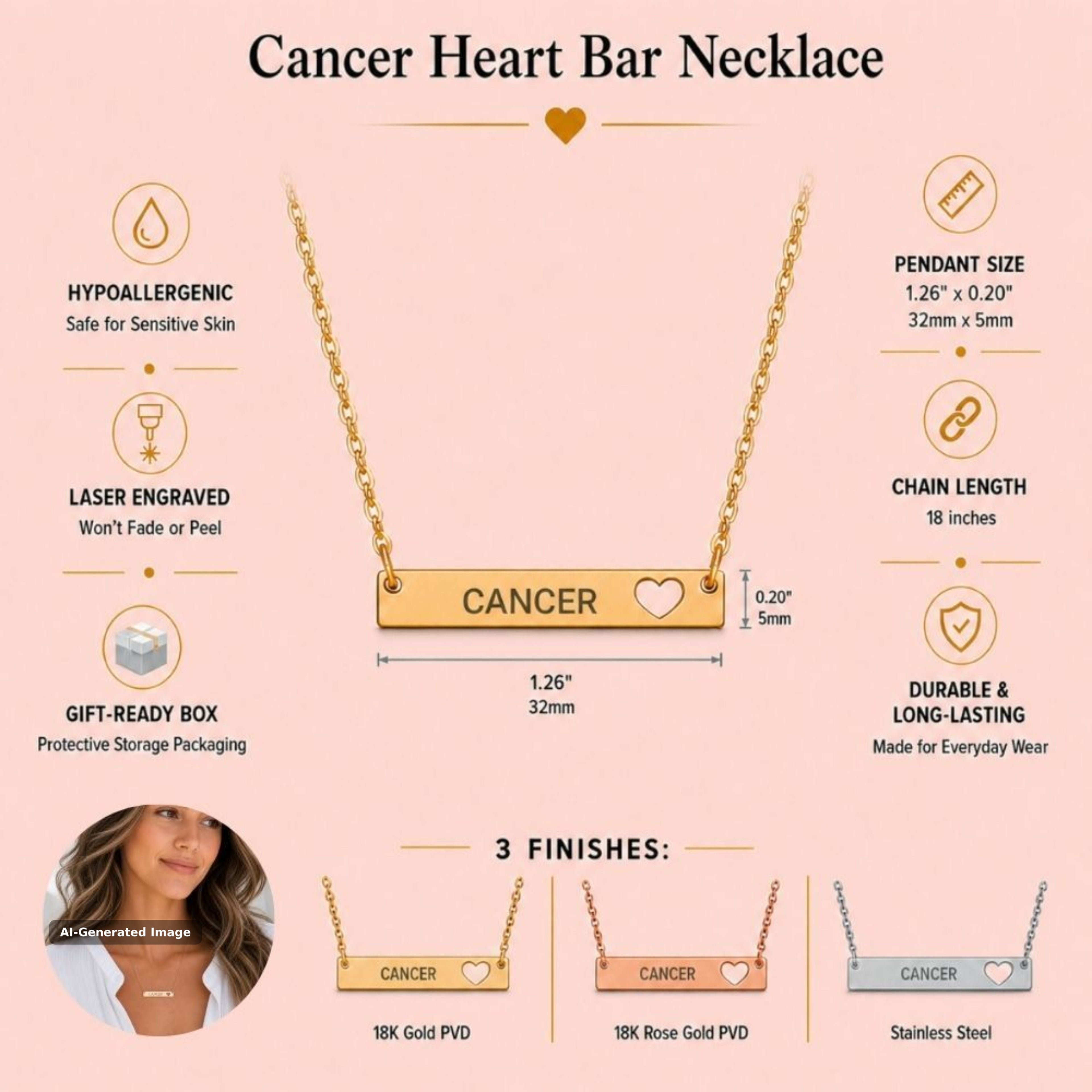 Cancer zodiac necklace specifications — 32mm x 5mm cutout heart bar, 18-inch chain, hypoallergenic laser-engraved CANCER, shown in 18K Gold, Rose Gold and Stainless Steel finishes (AI-generated image)