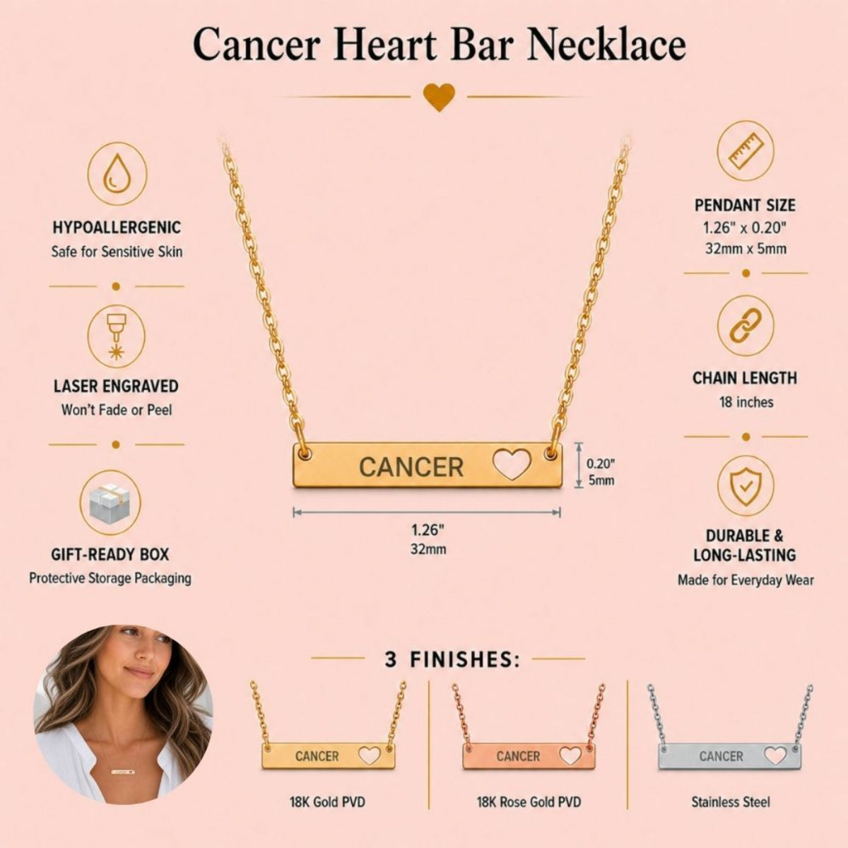 Cancer zodiac necklace specifications — 32mm x 5mm cutout heart bar, 18-inch chain, hypoallergenic laser-engraved CANCER, shown in 18K Gold, Rose Gold and Stainless Steel finishes