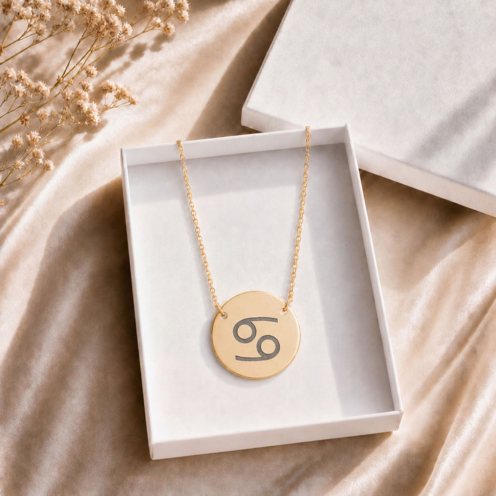 Cancer Coin Gold zodiac necklace in signature gift box — 18K gold Cancer Crab engraved pendant ready to gift, premium packaging for birthday, Mother's Day, anniversary, July Cancerian present