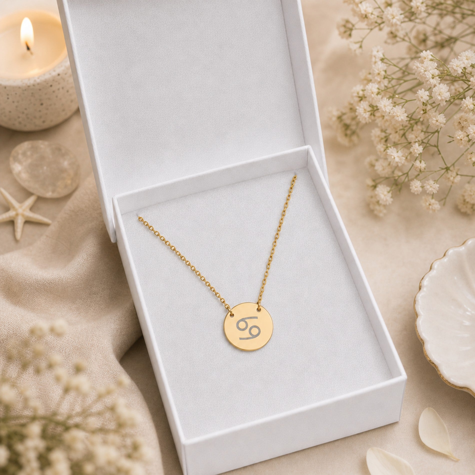 Cancer zodiac coin necklace presented in a luxe gift box — ready to give (AI-generated image). Memory That Lasts.