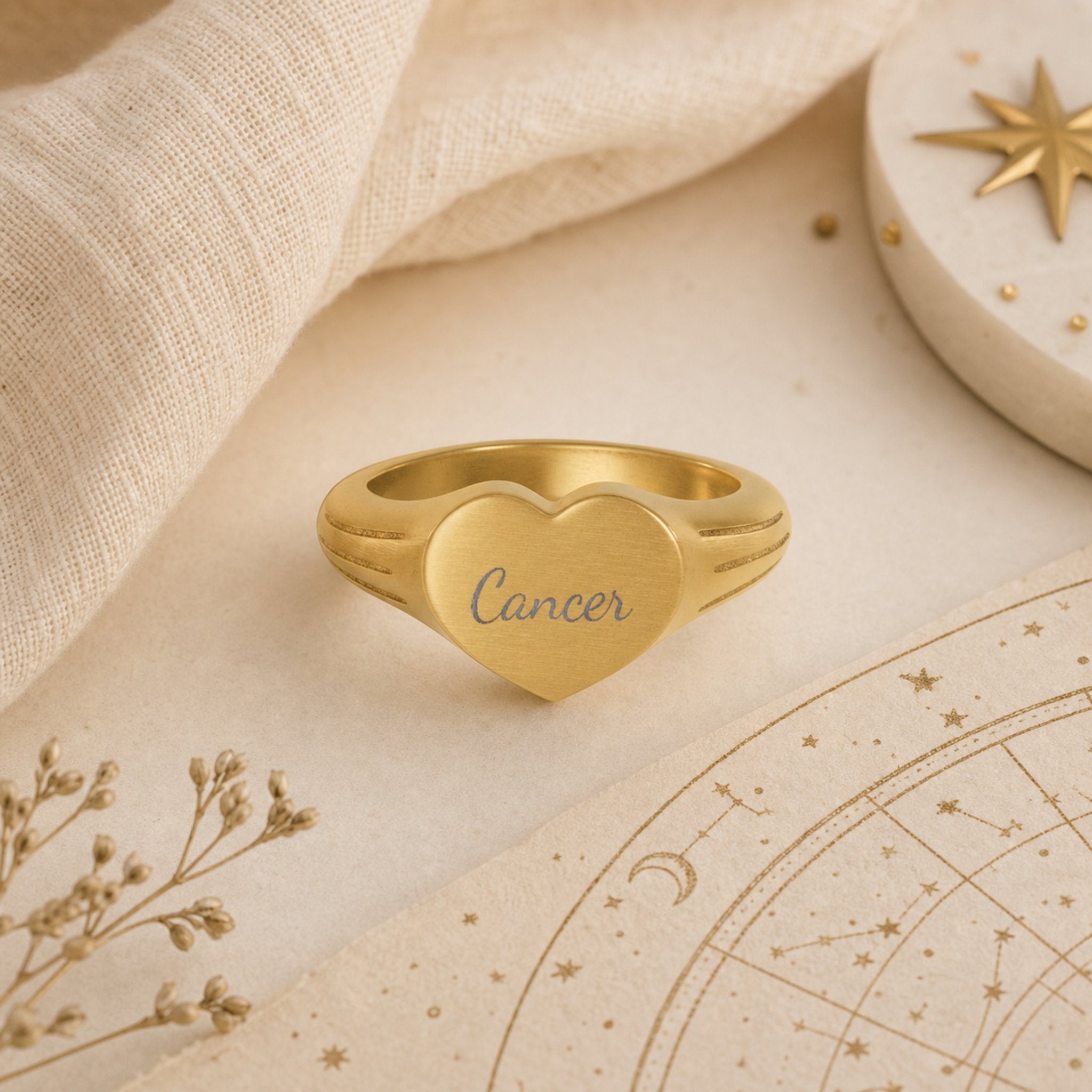 Cancer zodiac heart signet ring celestial flatlay — zodiac chart and brass star with engraved Cancer heart signet, astrology gift styling