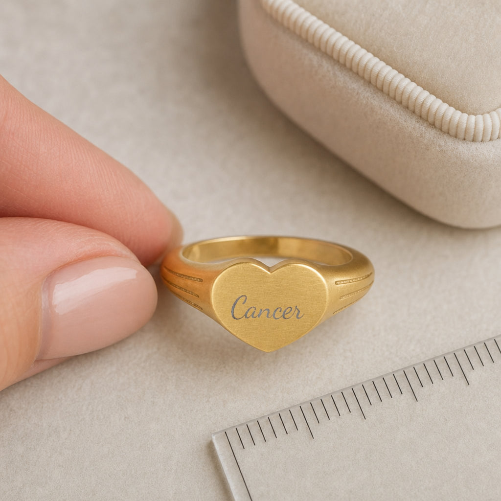 Cancer zodiac heart signet ring scale-in-hand — fingers holding heart ring next to gift box and ruler, dainty signet sizing