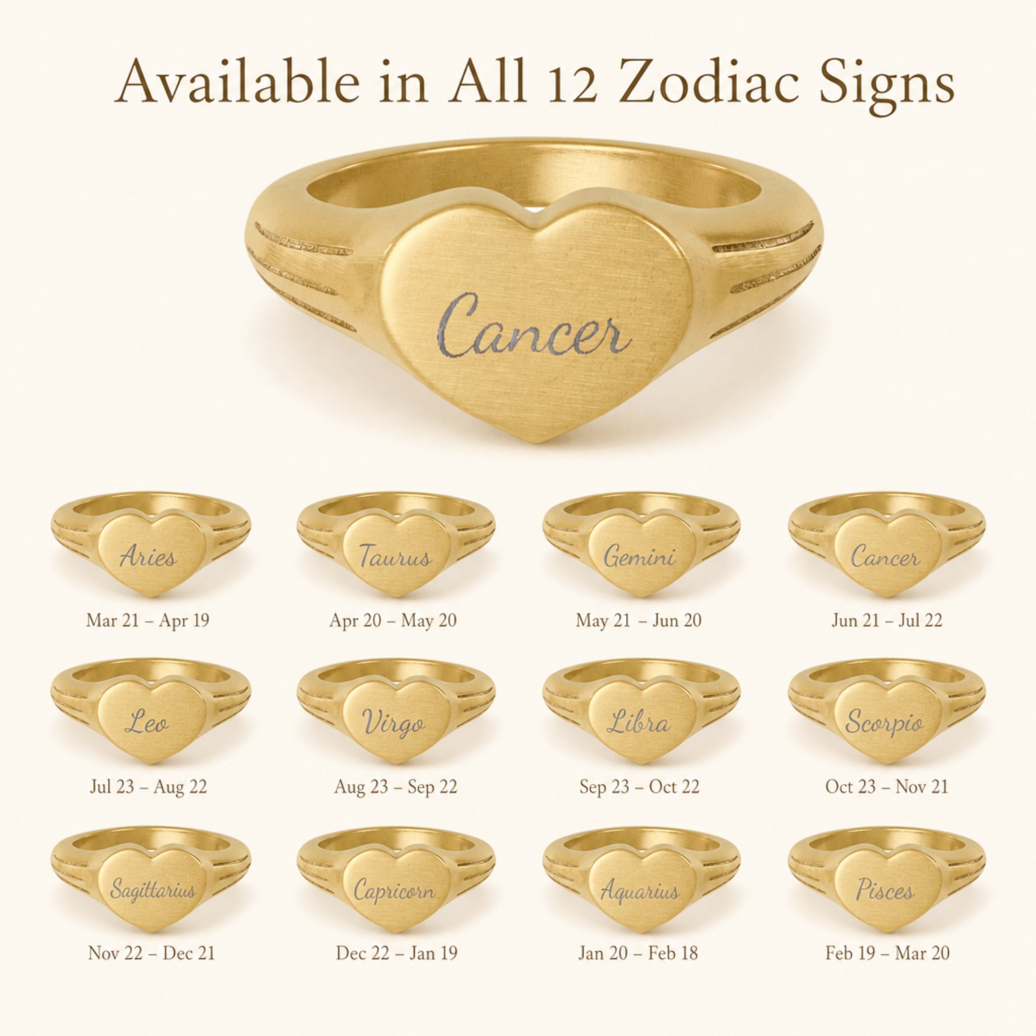 Cancer zodiac heart signet ring — available in all 12 zodiac signs, variant grid with date ranges