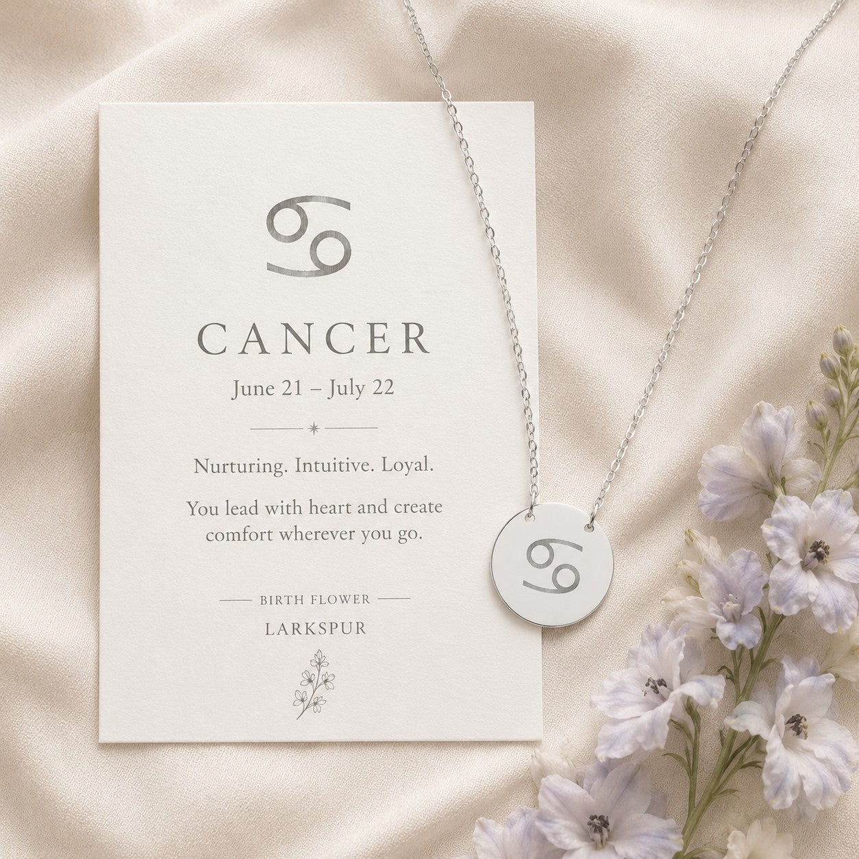 Cancer zodiac coin necklace — engraved star sign pendant. Memory That Lasts.