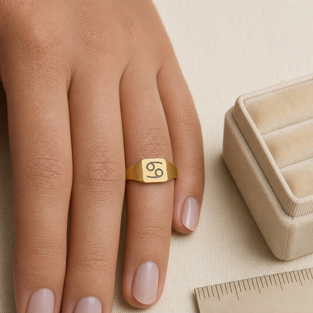 Cancer zodiac square signet ring scale-in-hand — fingers holding ring next to gift box and ruler, dainty 20mm signet sizing