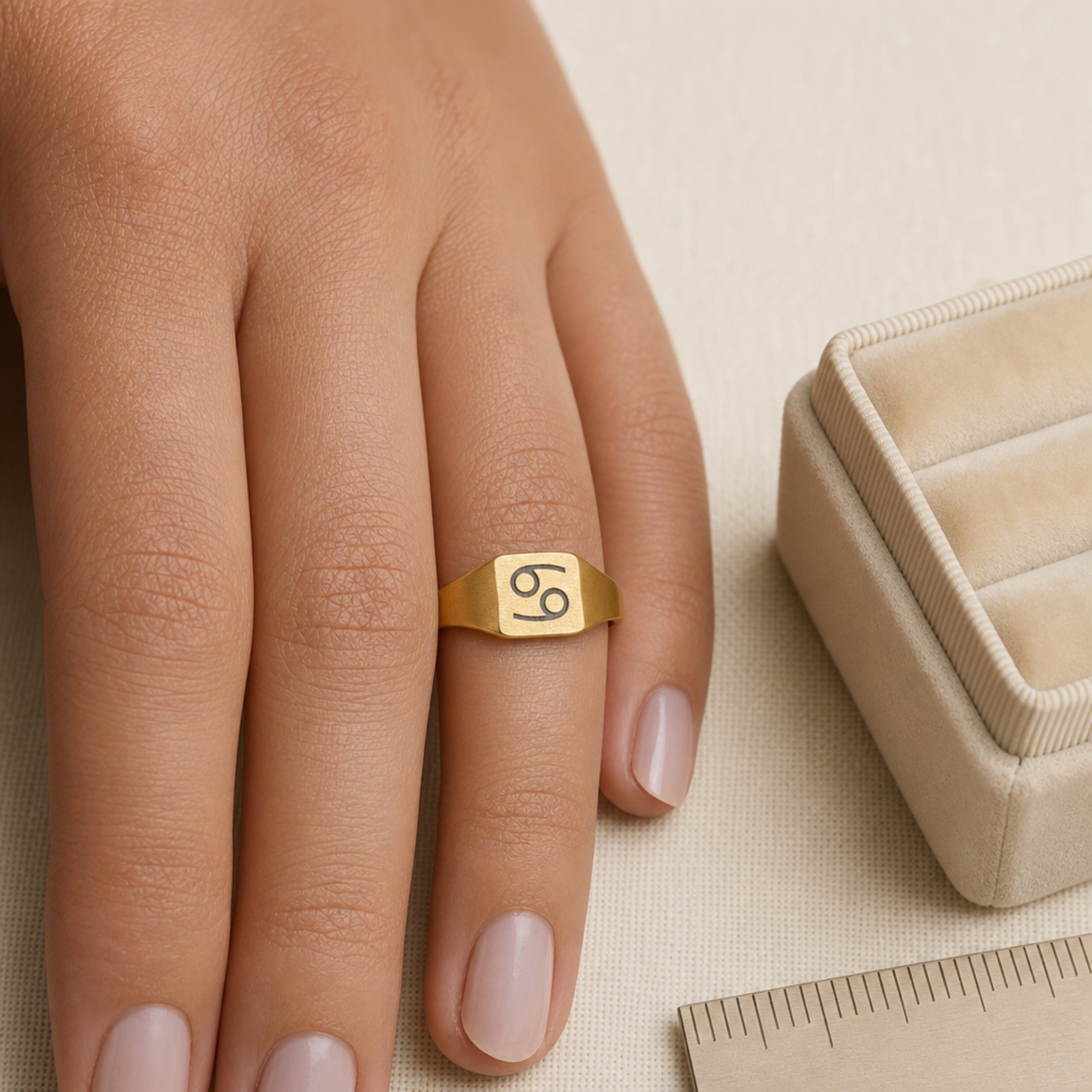 Cancer zodiac square signet ring scale-in-hand — fingers holding ring next to gift box and ruler, dainty 20mm signet sizing