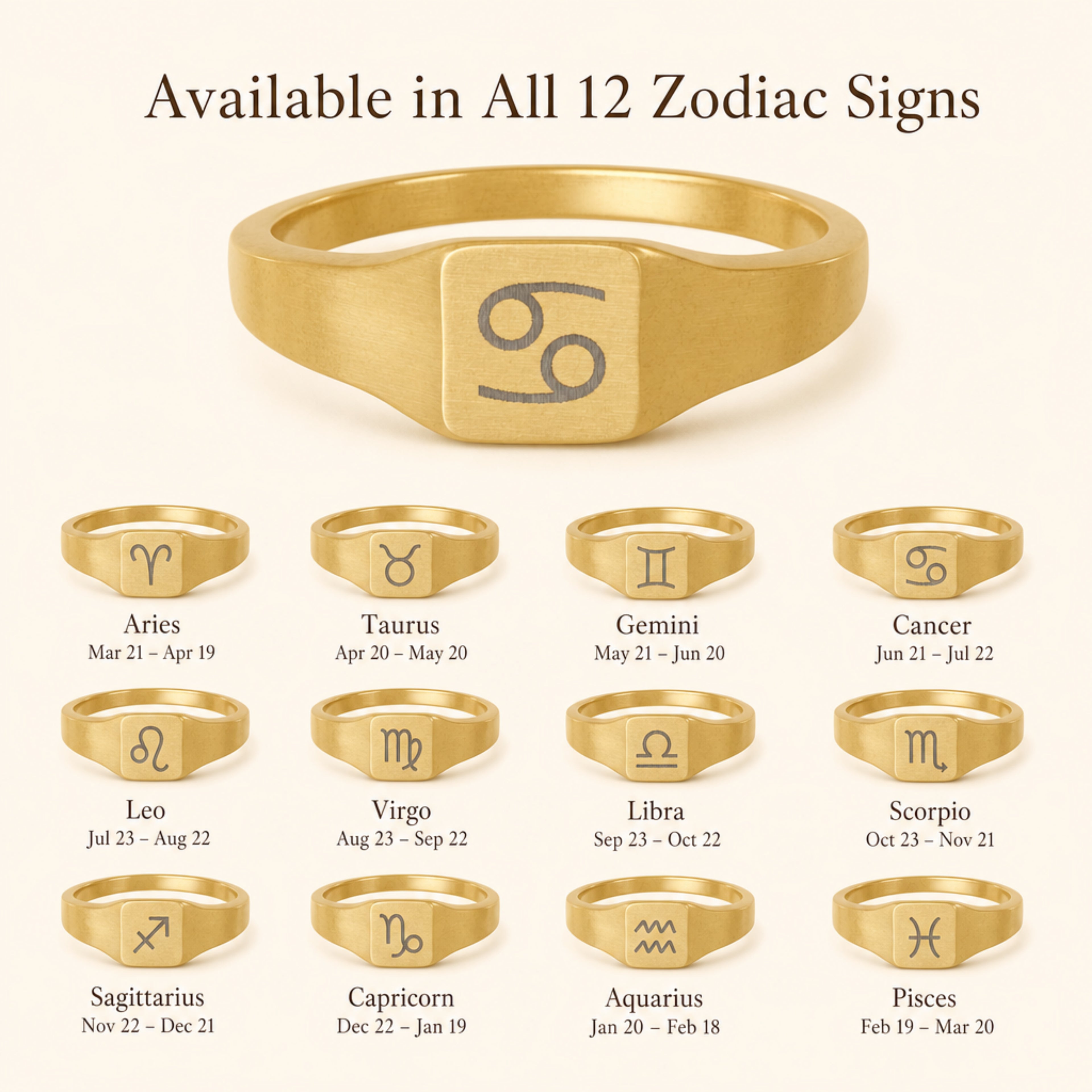 Cancer zodiac square signet ring — available in all 12 zodiac signs, variant grid with date ranges