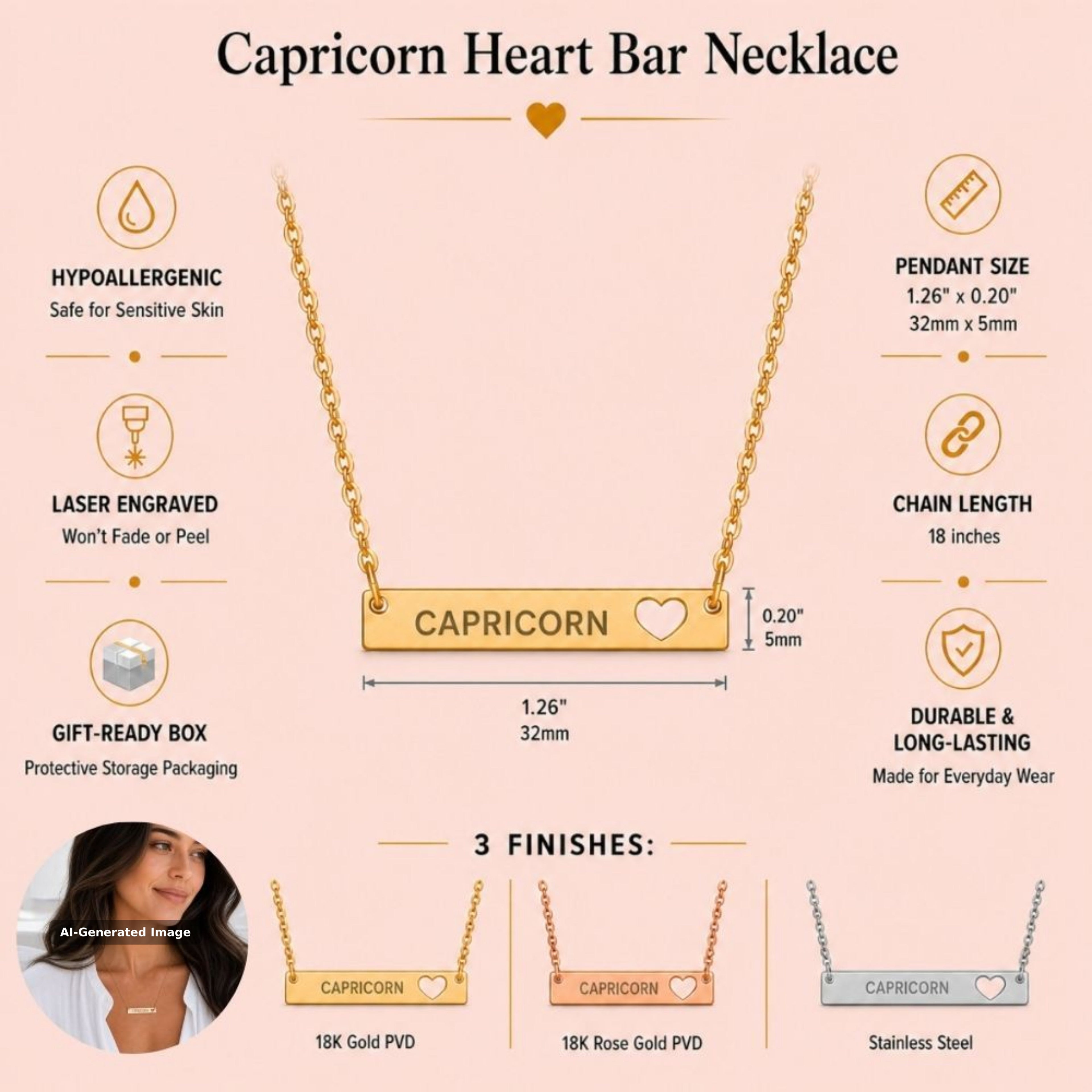 Capricorn zodiac necklace specifications — 32mm x 5mm cutout heart bar, 18-inch chain, hypoallergenic laser-engraved CAPRICORN, shown in 18K Gold, Rose Gold and Stainless Steel finishes (AI-generated image)