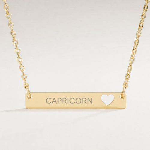 Capricorn Zodiac Necklace — Engraved Cutout Heart Bar Pendant